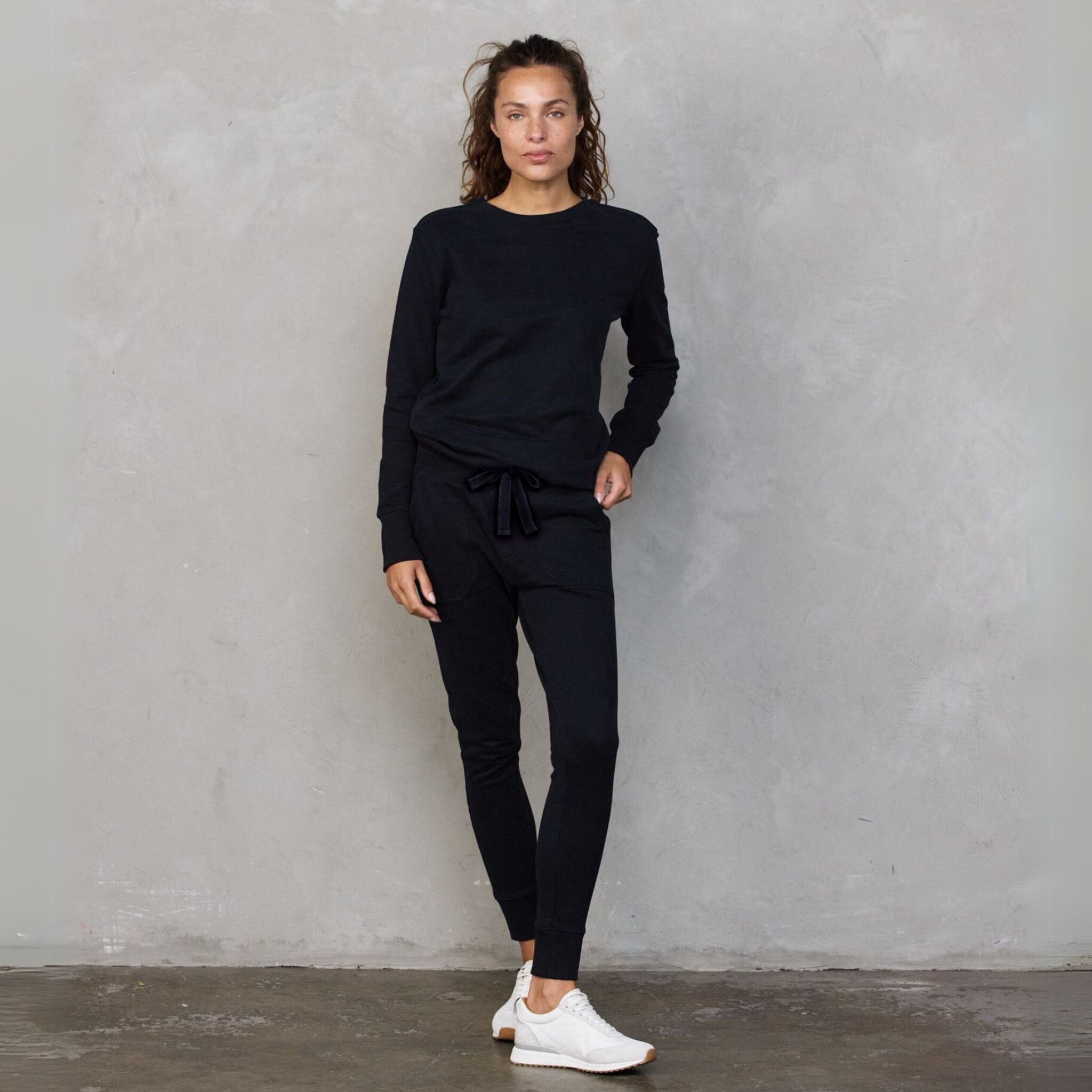 Chloe Organic Cotton Lux Touch Jogger Black with Black Drawstring pants Organic Crew 