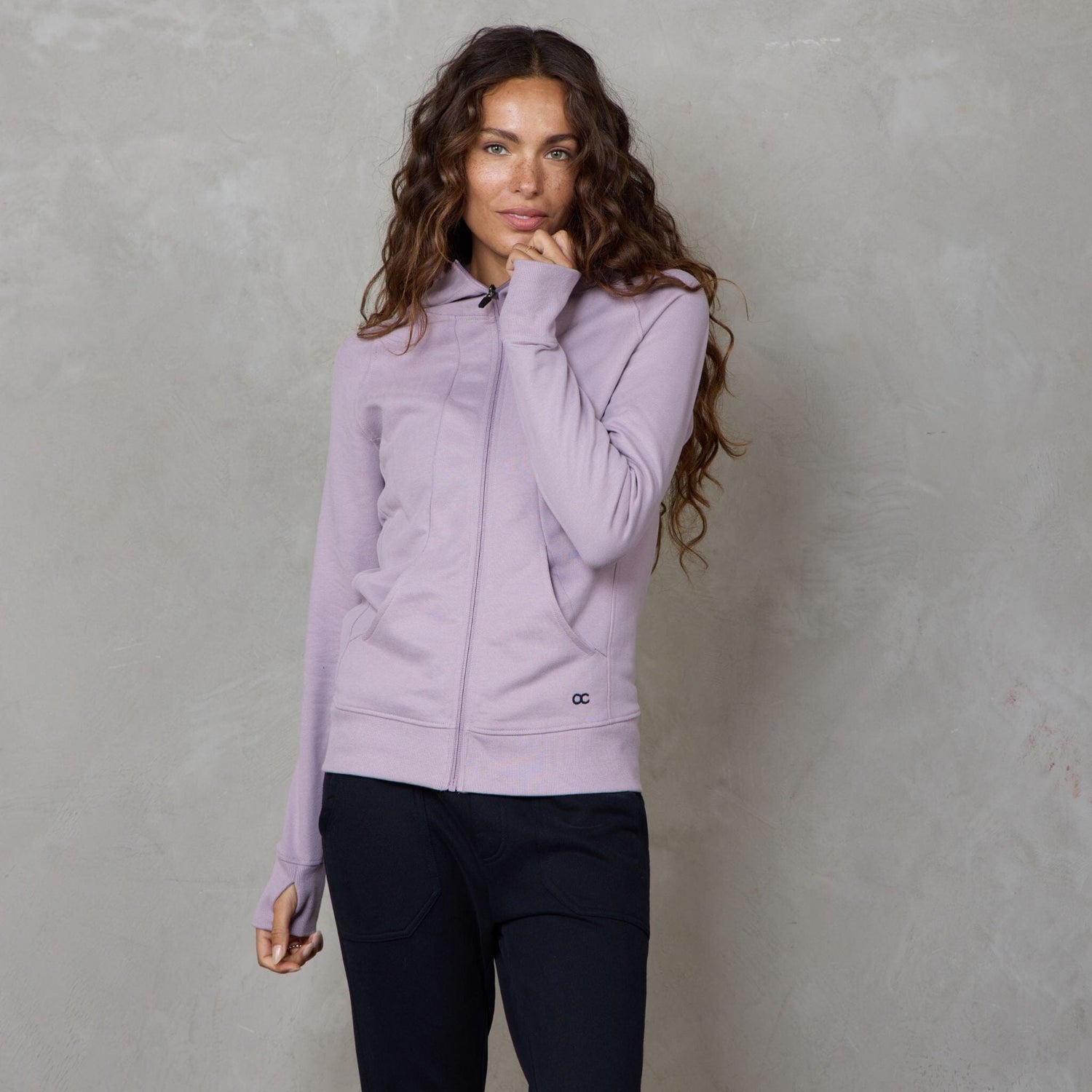 Chloe Zip Through Organic Cotton Lux Touch Hoodie Dusty Rose pants Organic Crew 