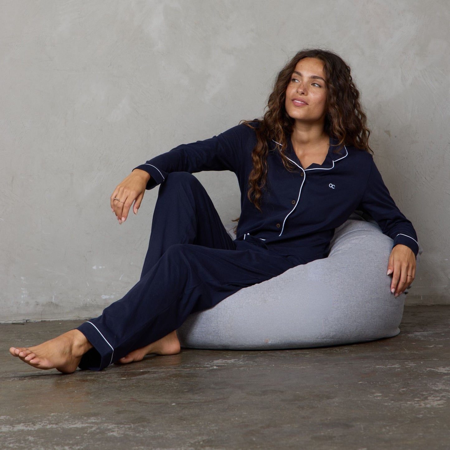 Portsea Long Sleeve Organic Cotton PJ Set Navy pj's Organic Crew 
