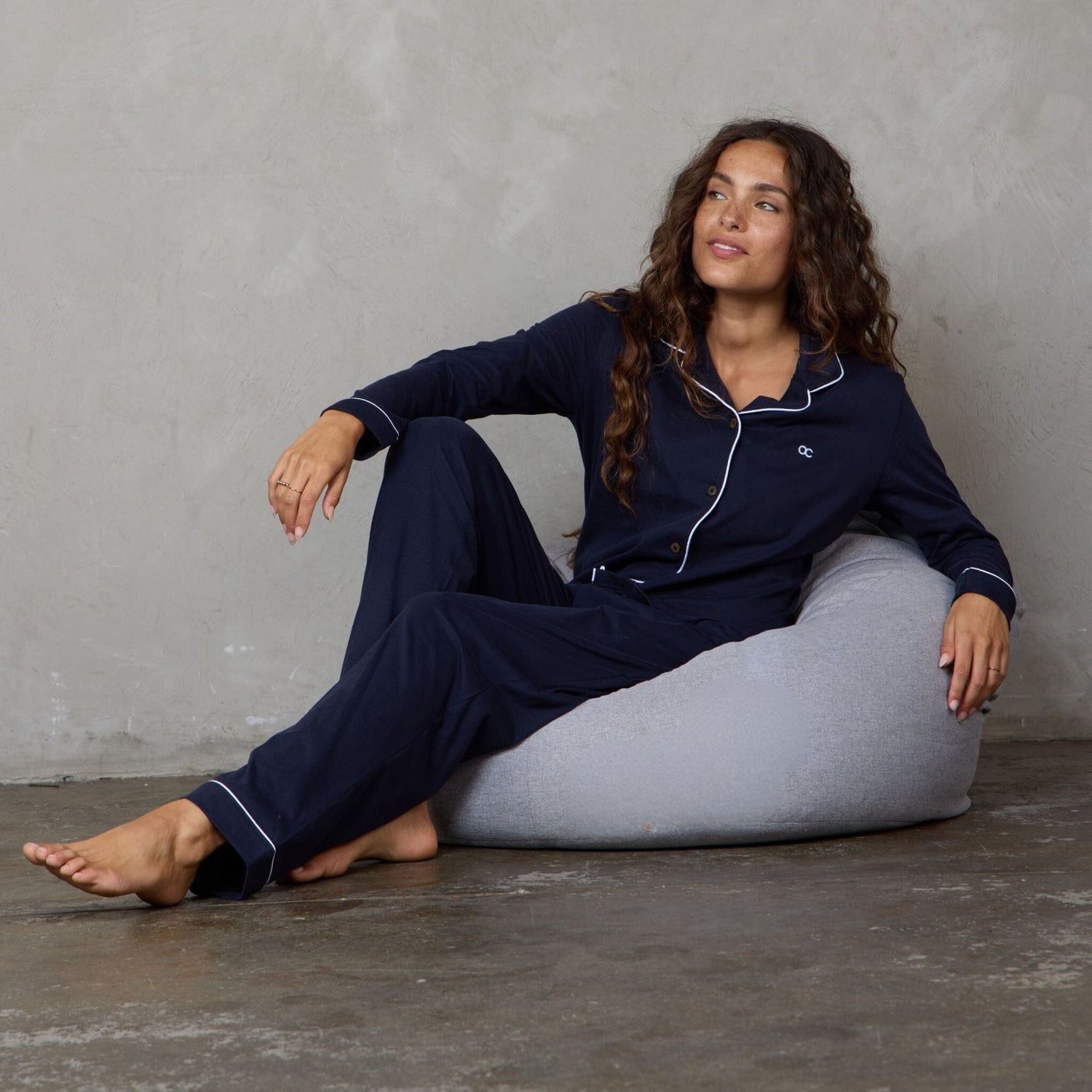 Portsea Long Sleeve Organic Cotton PJ Set Navy pj's Organic Crew 