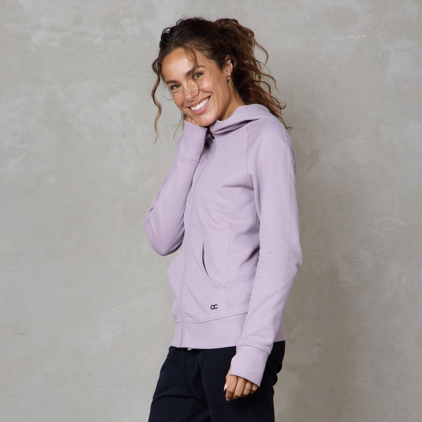 Chloe Zip Through Organic Cotton Lux Touch Hoodie Dusty Rose pants Organic Crew 