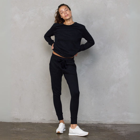 Chloe Organic Cotton Lux Touch Jogger Black with Black Drawstring pants Organic Crew