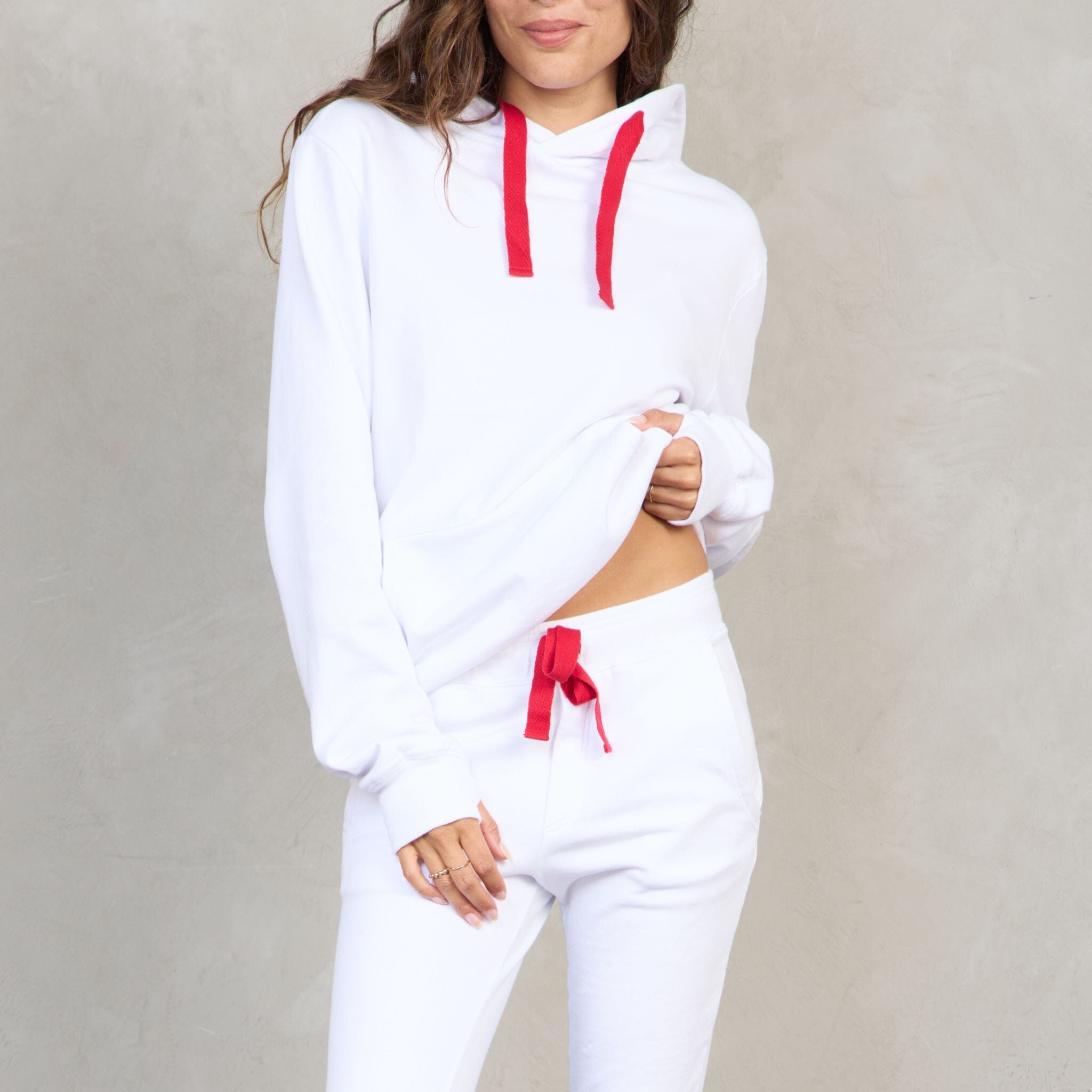 Slouchy Organic Cotton Hoodie White With Red Drawstring Sweater Organic Crew 