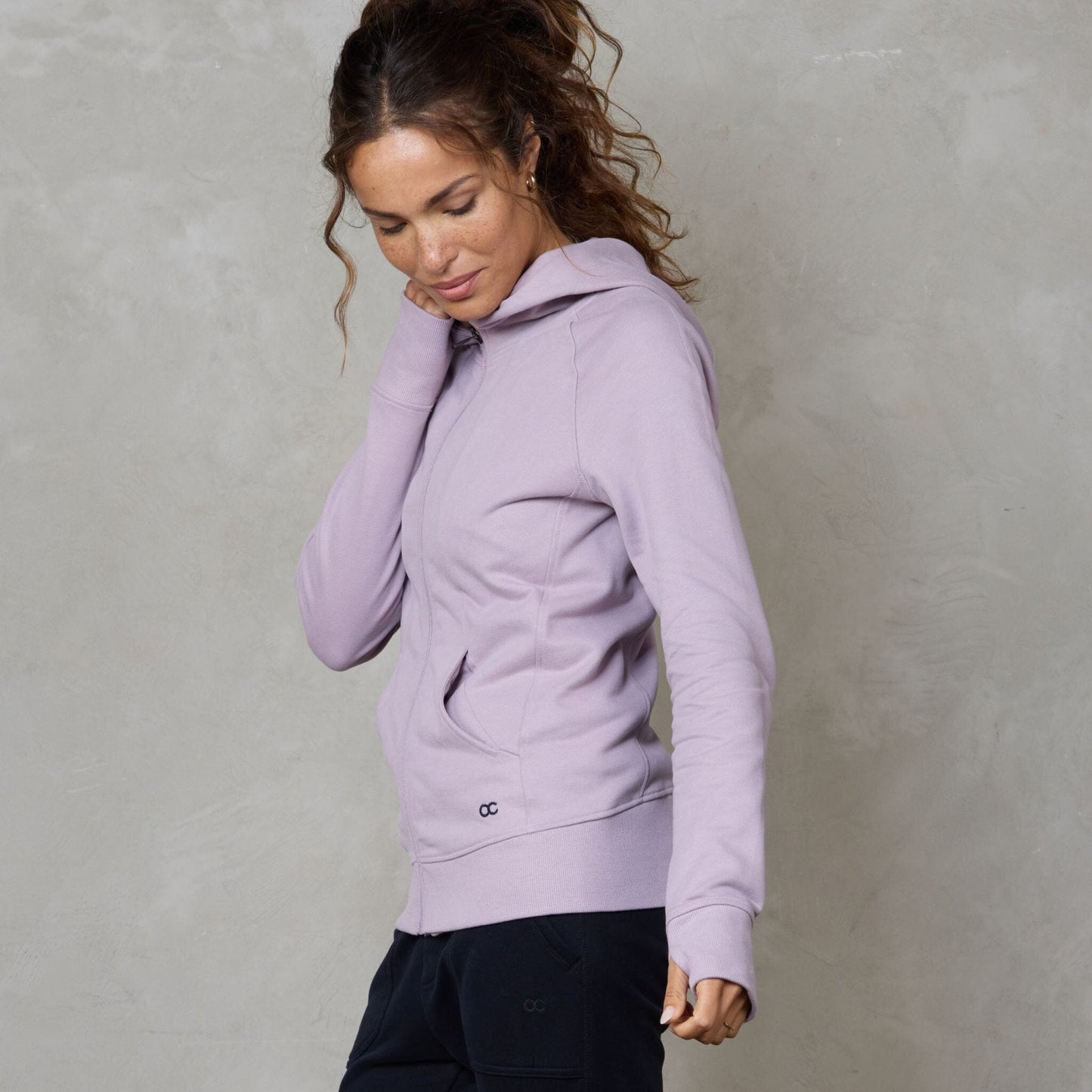 Chloe Zip Through Organic Cotton Lux Touch Hoodie Dusty Rose pants Organic Crew 