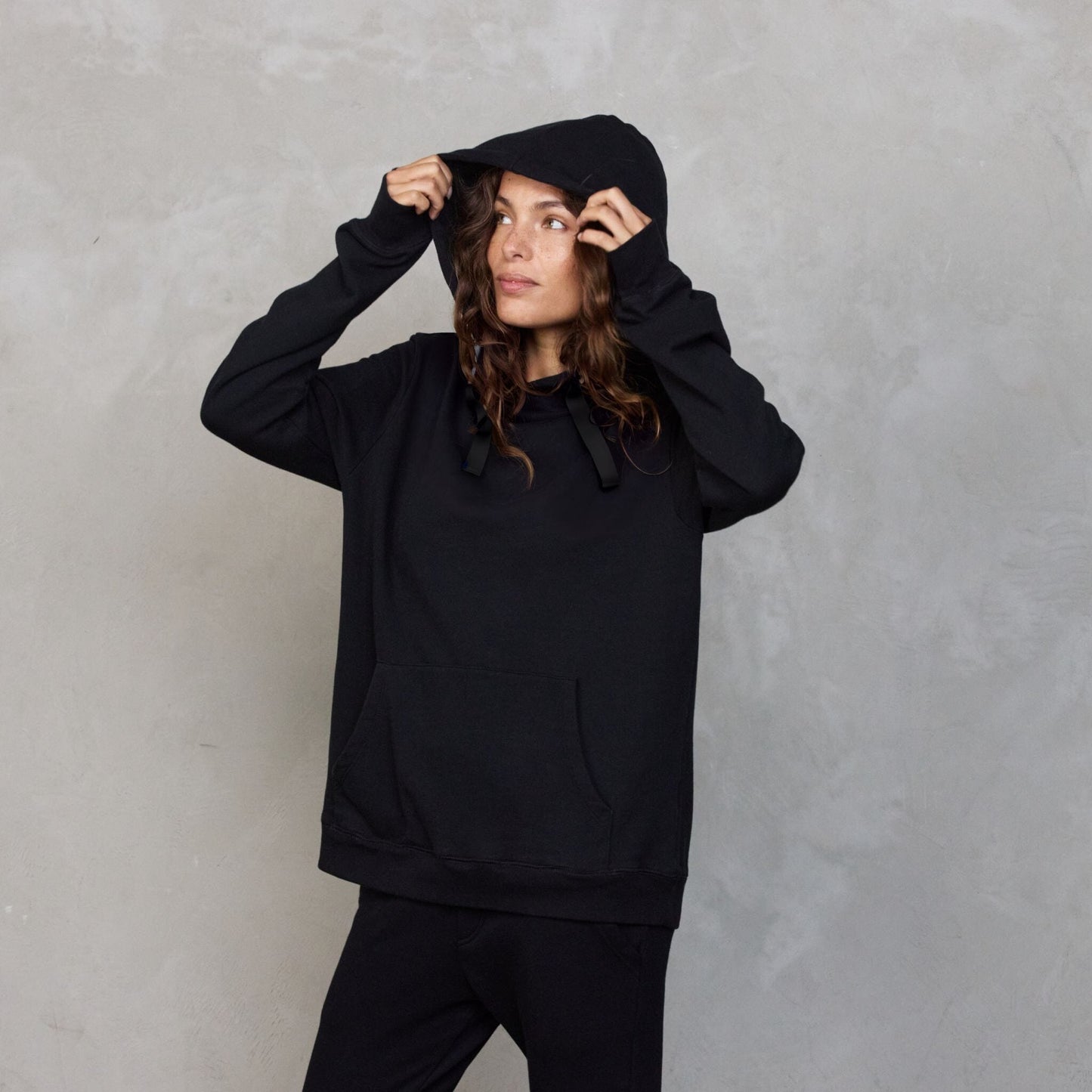 Slouchy Organic Cotton Hoodie Black with Black Drawstring Sweater Organic Crew 