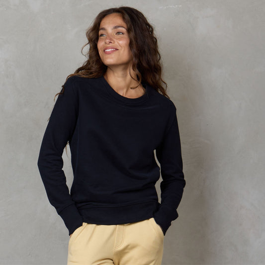 Easy Sweat Brushed Fleece Black Sweater Organic Crew 