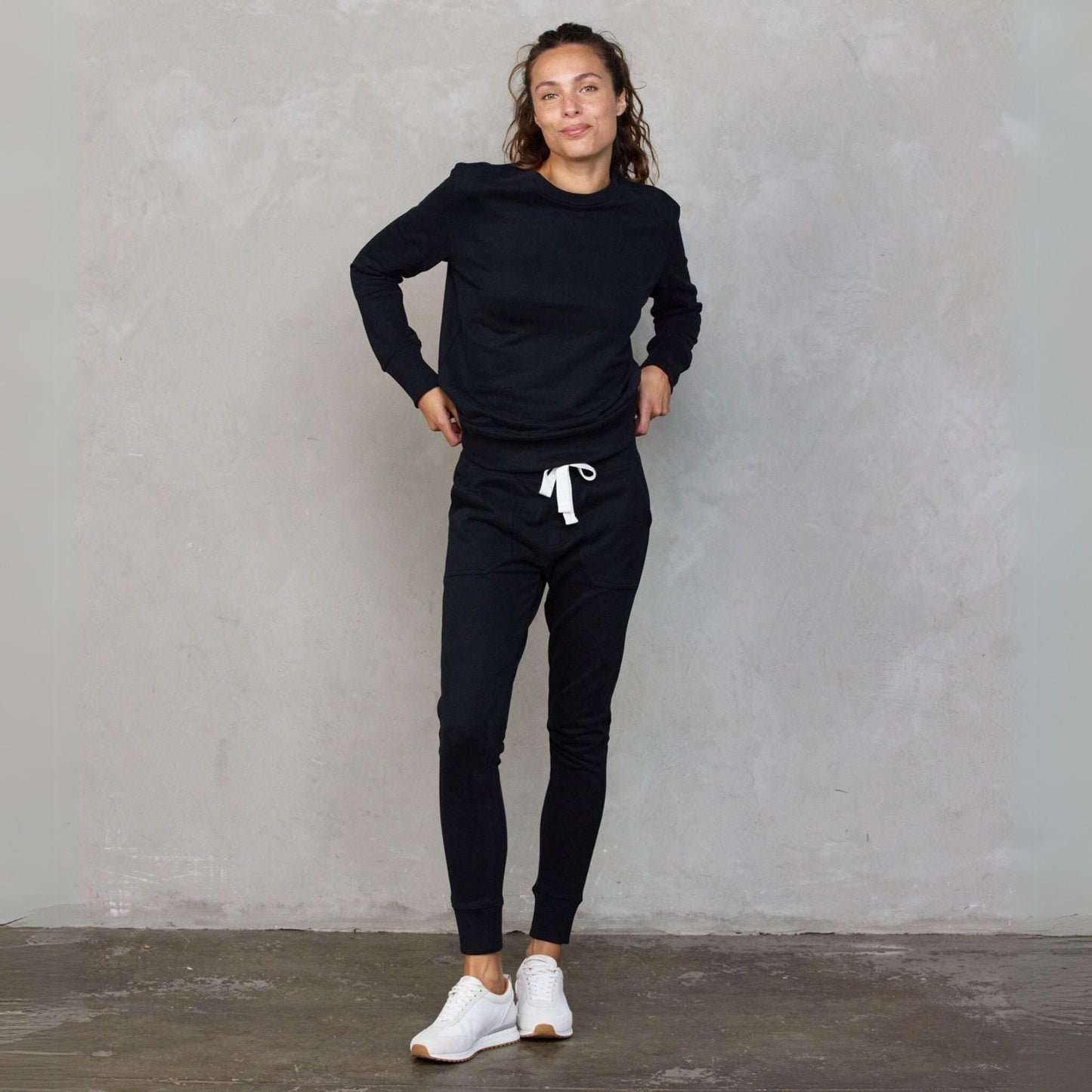 Chloe Organic Cotton Lux Touch Jogger Black with White Drawstring pants Organic Crew 