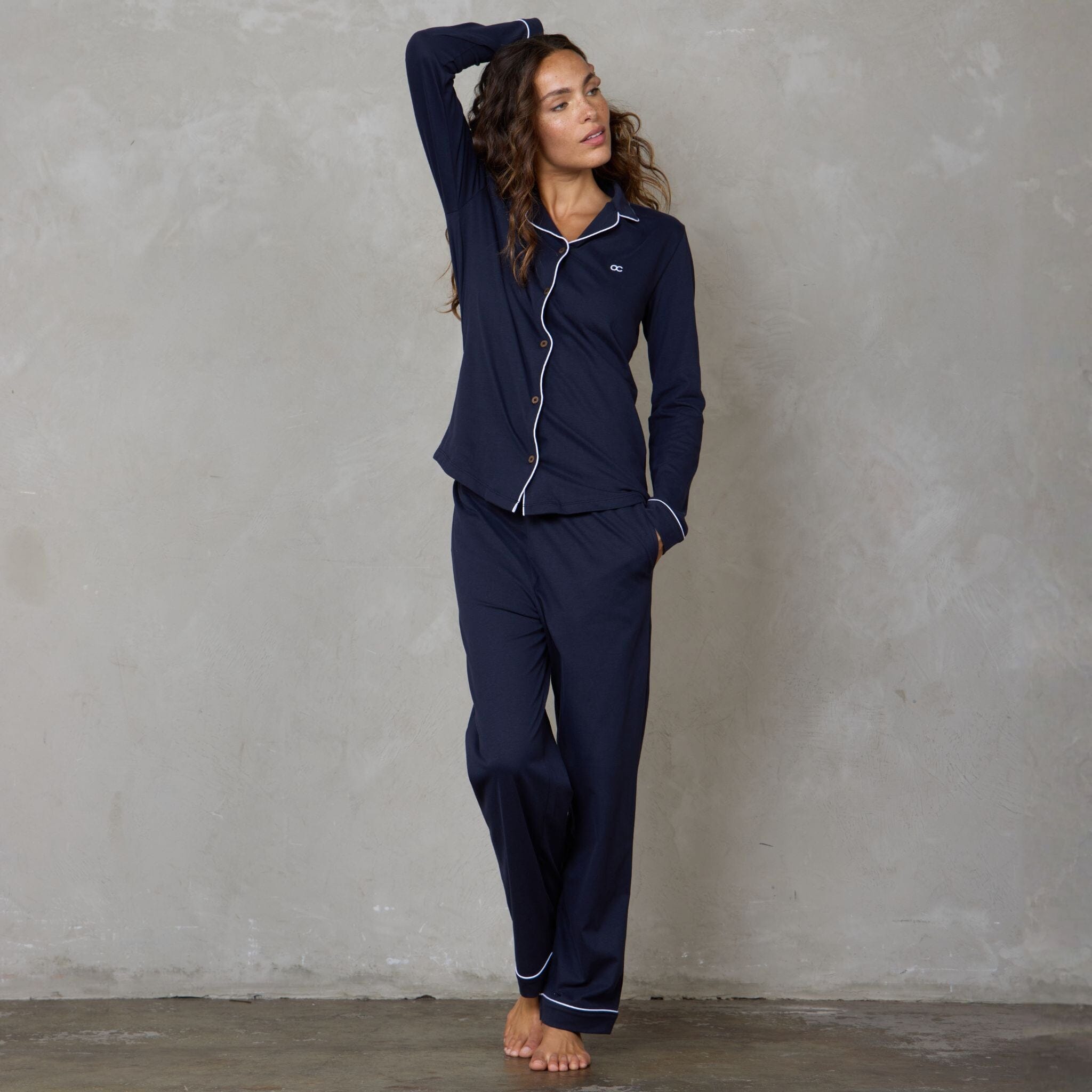Portsea Long Sleeve Organic Cotton PJ Set Navy pj's Organic Crew 