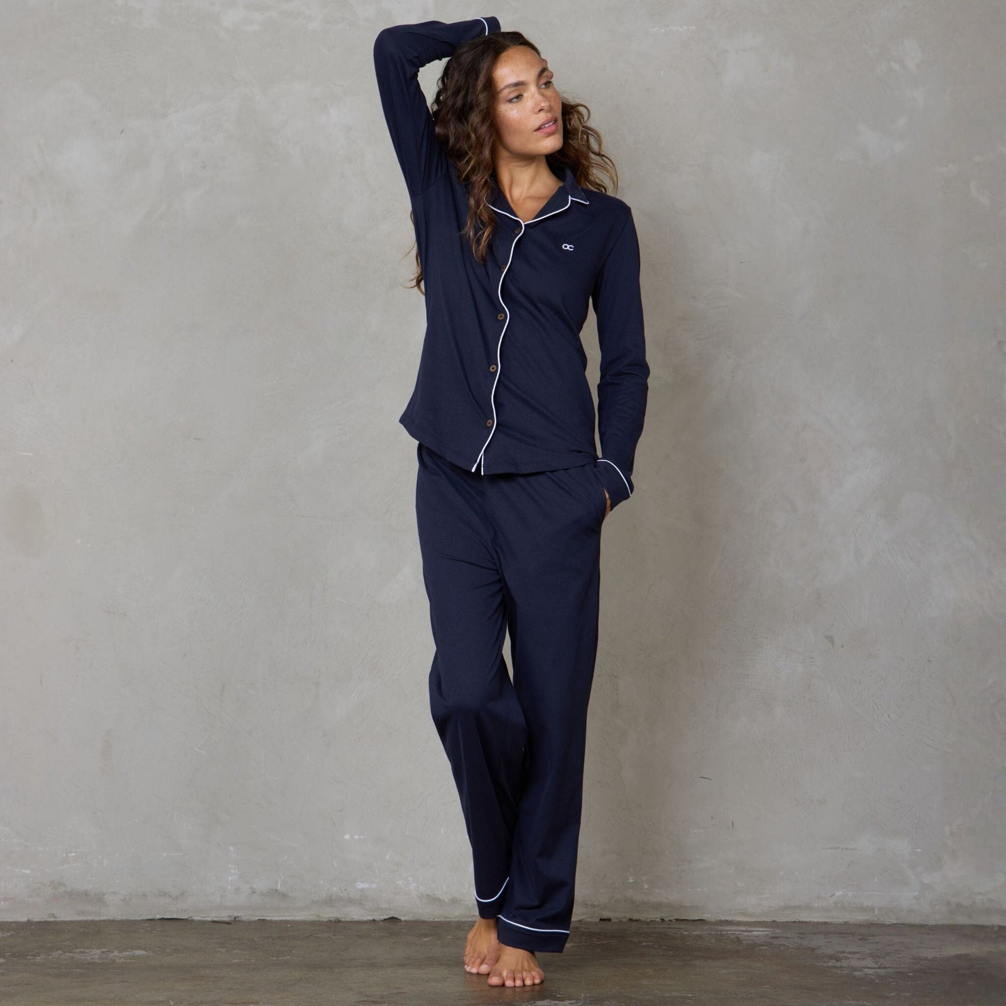Portsea Long Sleeve Organic Cotton PJ Set Navy pj's Organic Crew 