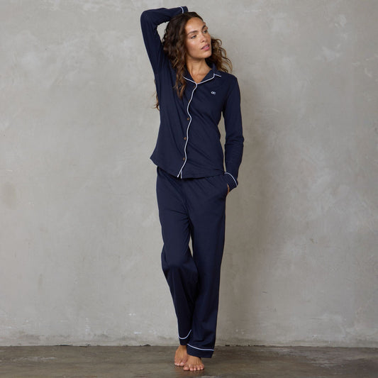Portsea Long Sleeve Organic Cotton PJ Set Navy pj's Organic Crew 
