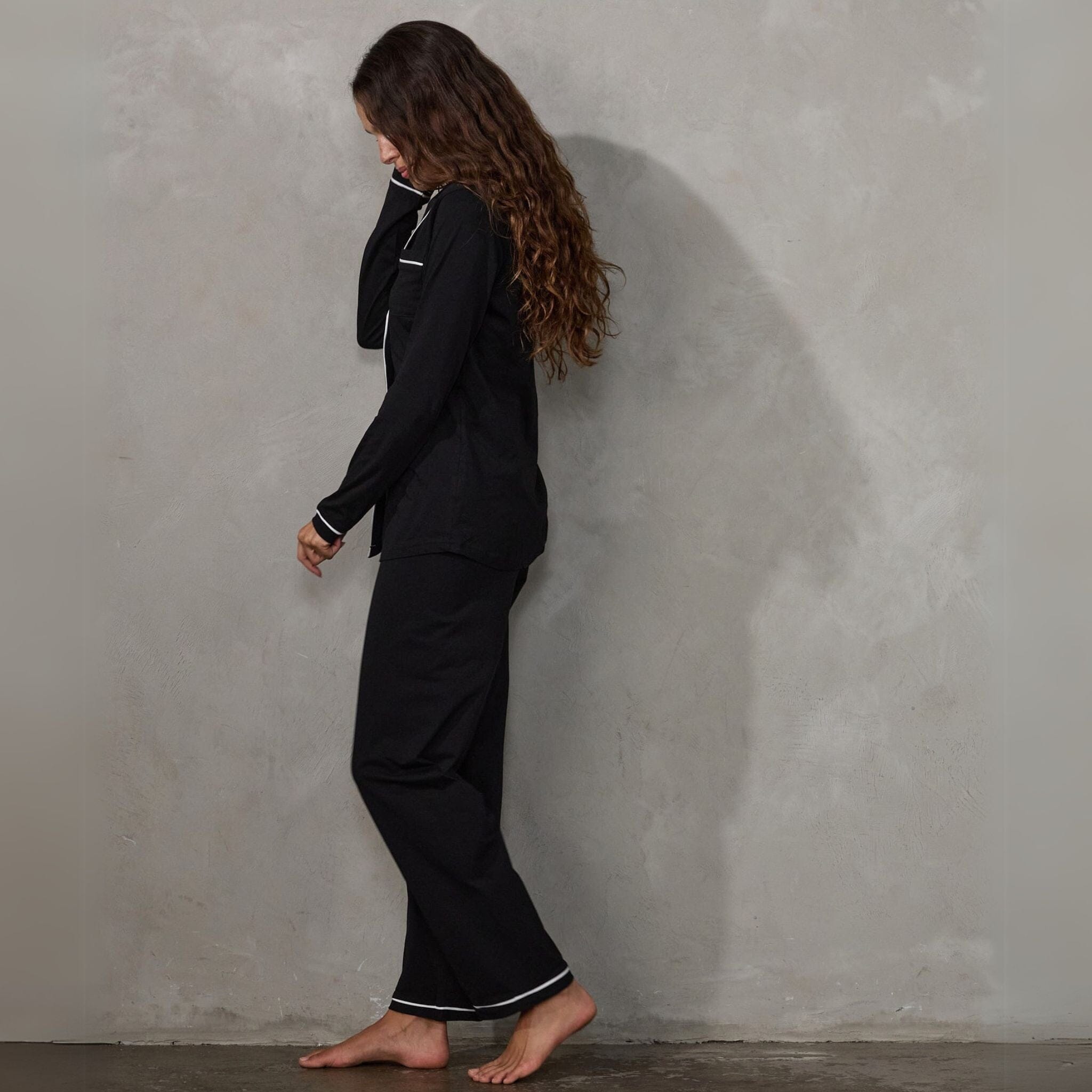 Portsea PJ Set Long Black PJs Organic Crew 