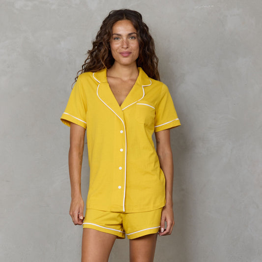 Portsea Short Sleeve Organic Cotton PJ Set Saffron pj's Organic Crew 