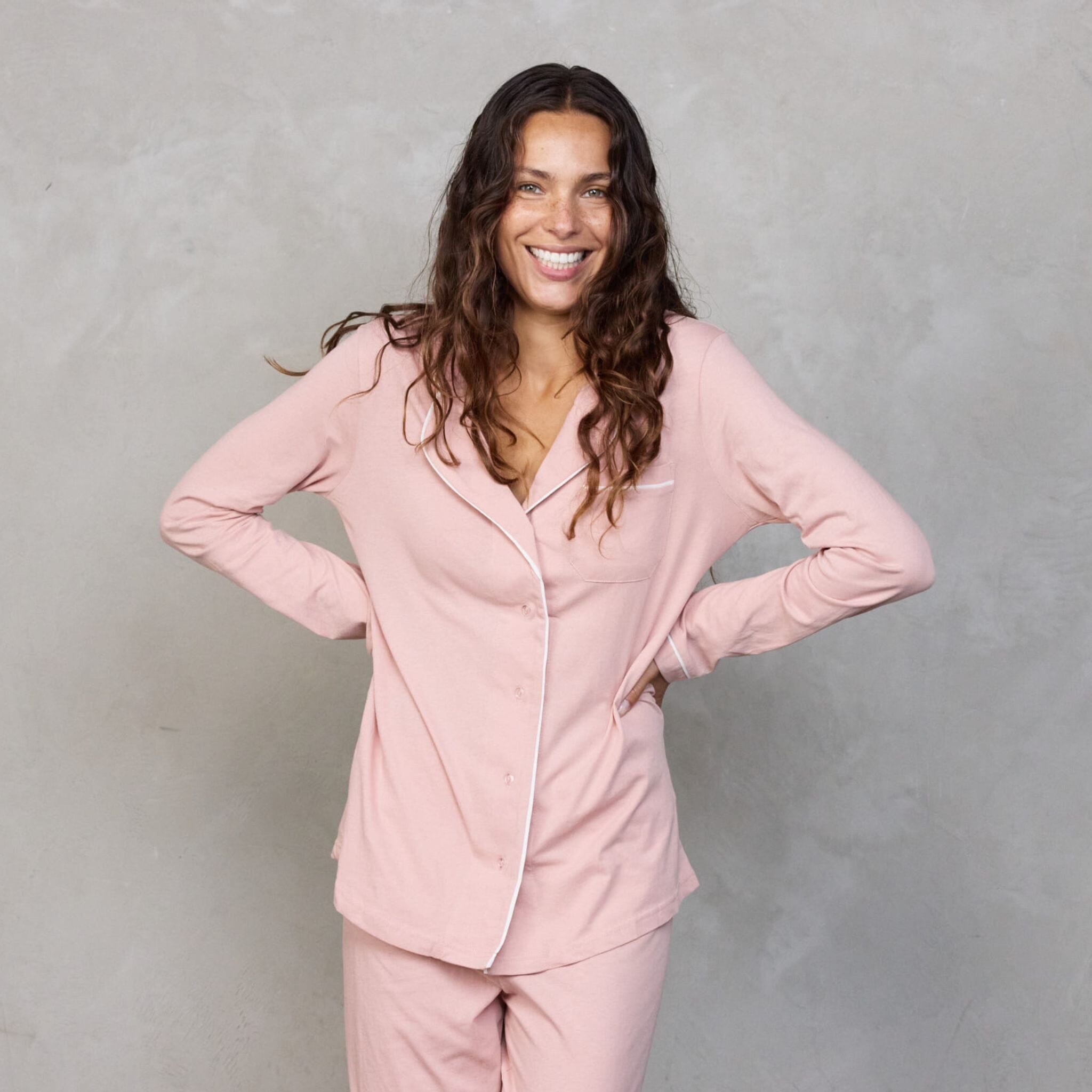 Portsea PJ Set Long Dusty Pink PJs Organic Crew 