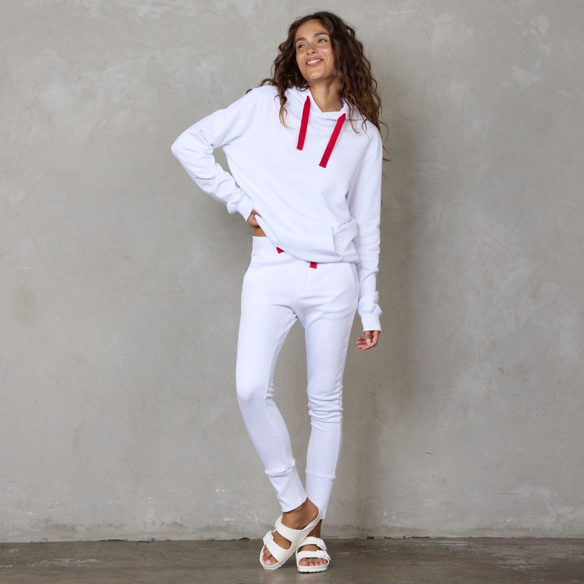 Slouchy Organic Cotton Hoodie White With Red Drawstring Sweater Organic Crew 