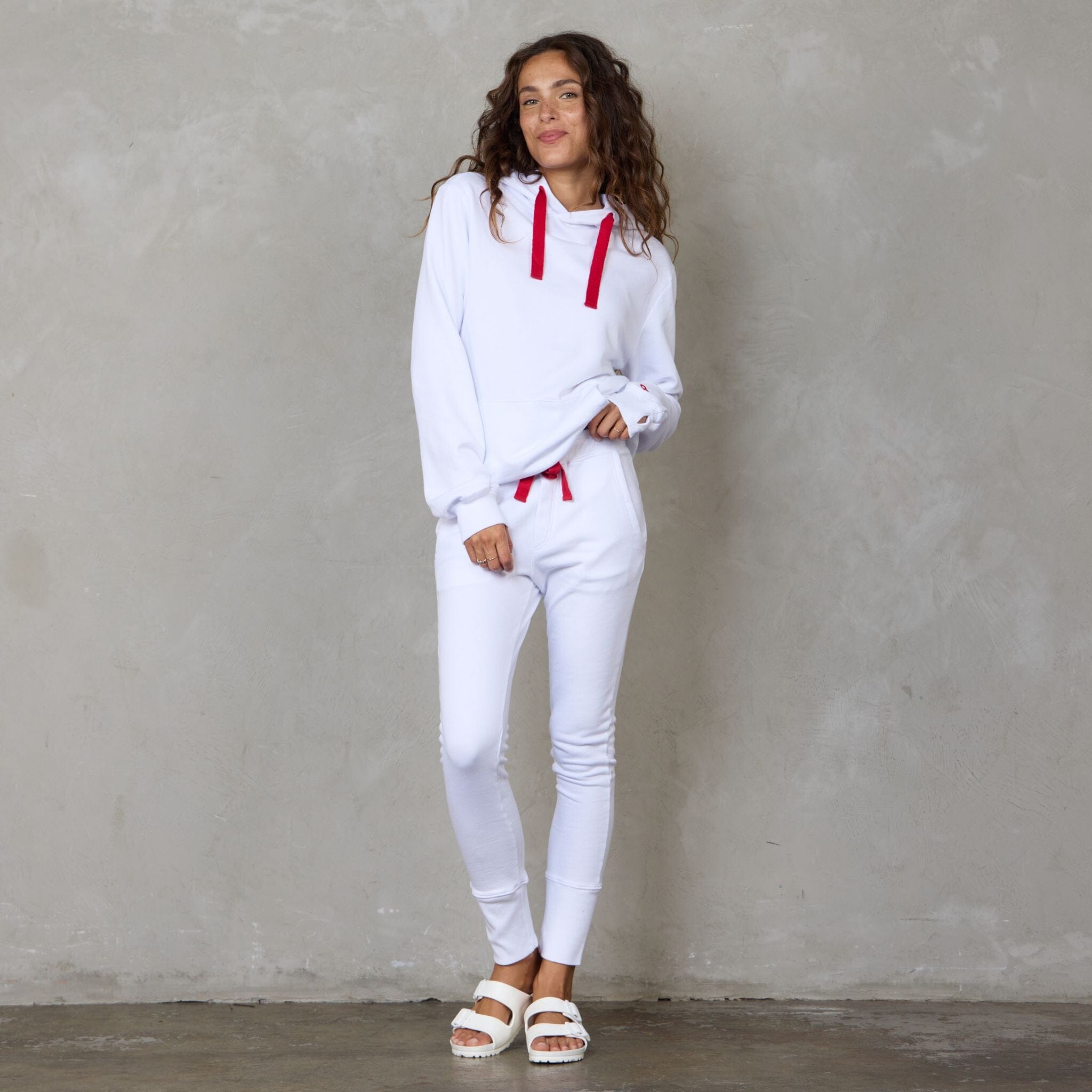 Slouchy Organic Cotton Hoodie White With Red Drawstring Sweater Organic Crew 