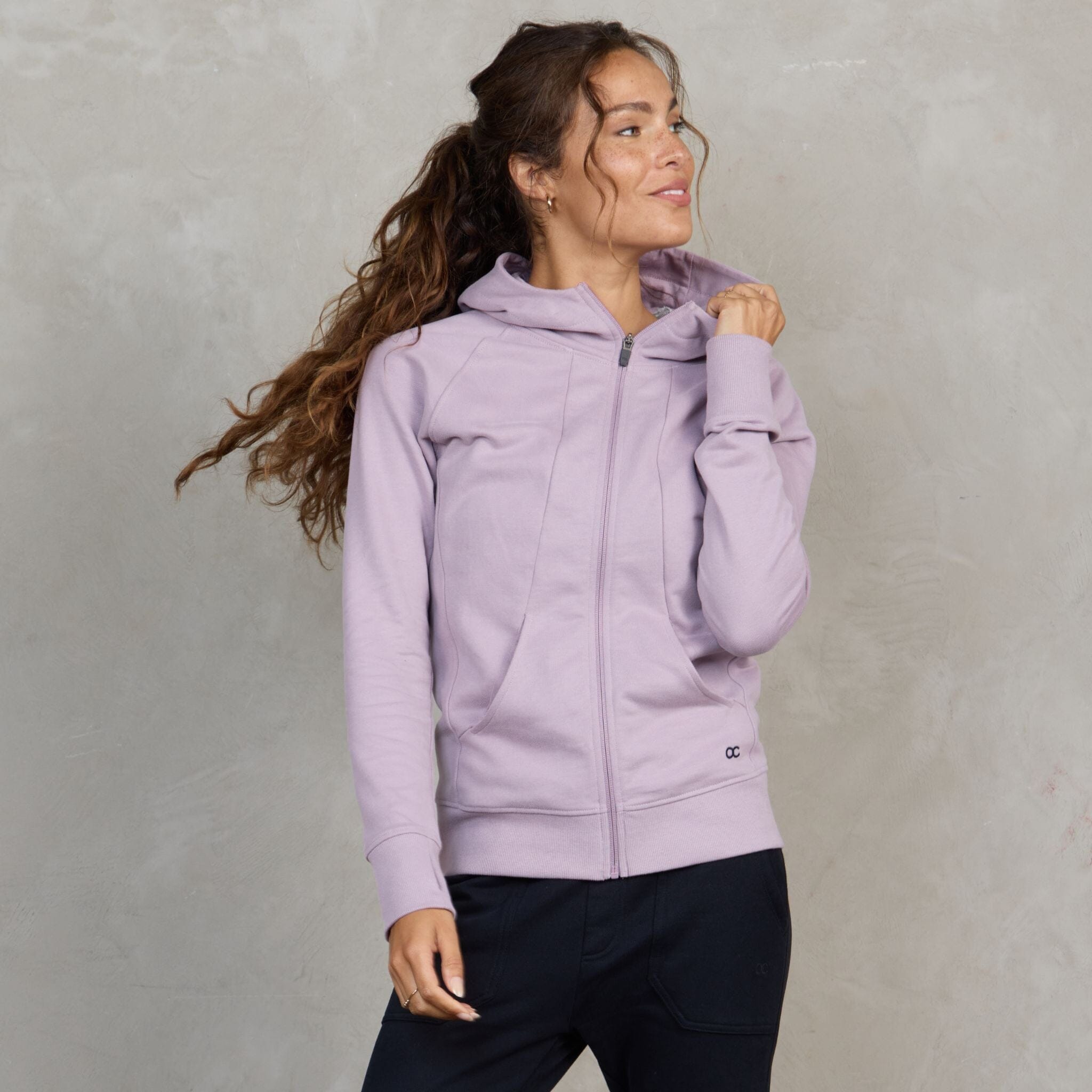 Chloe Zip Through Organic Cotton Lux Touch Hoodie Dusty Rose pants Organic Crew 