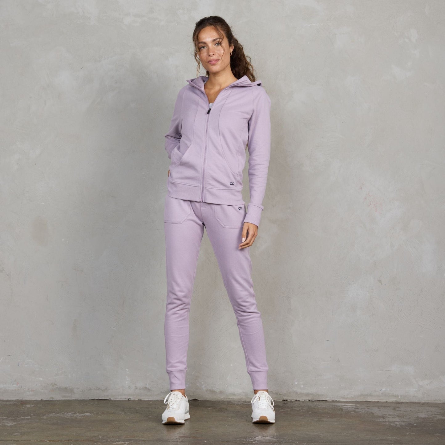 Chloe Zip Through Organic Cotton Lux Touch Hoodie Dusty Rose pants Organic Crew 