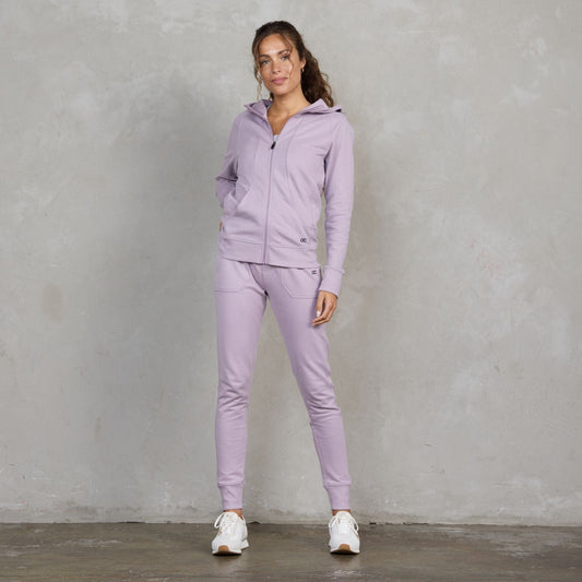Chloe Zip Through Organic Cotton Lux Touch Hoodie Dusty Rose pants Organic Crew