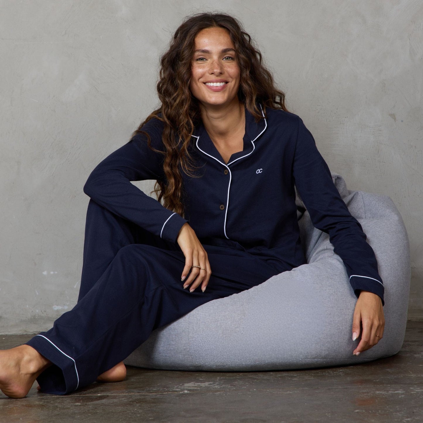 Portsea Long Sleeve Organic Cotton PJ Set Navy pj's Organic Crew 