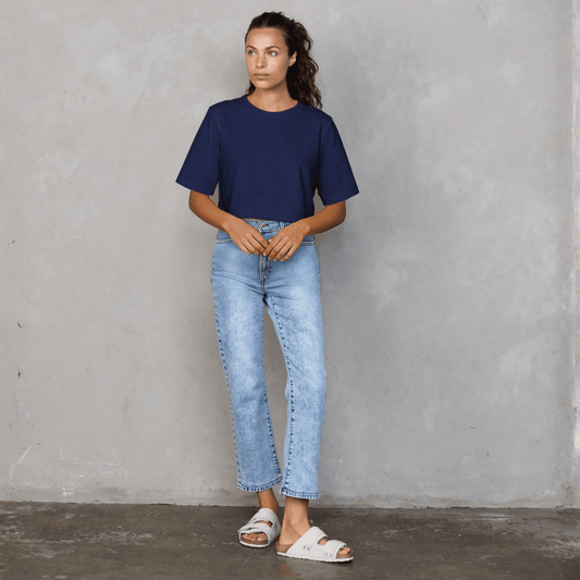 Luna Cropped Tee Navy Tee Shirt Organic Crew