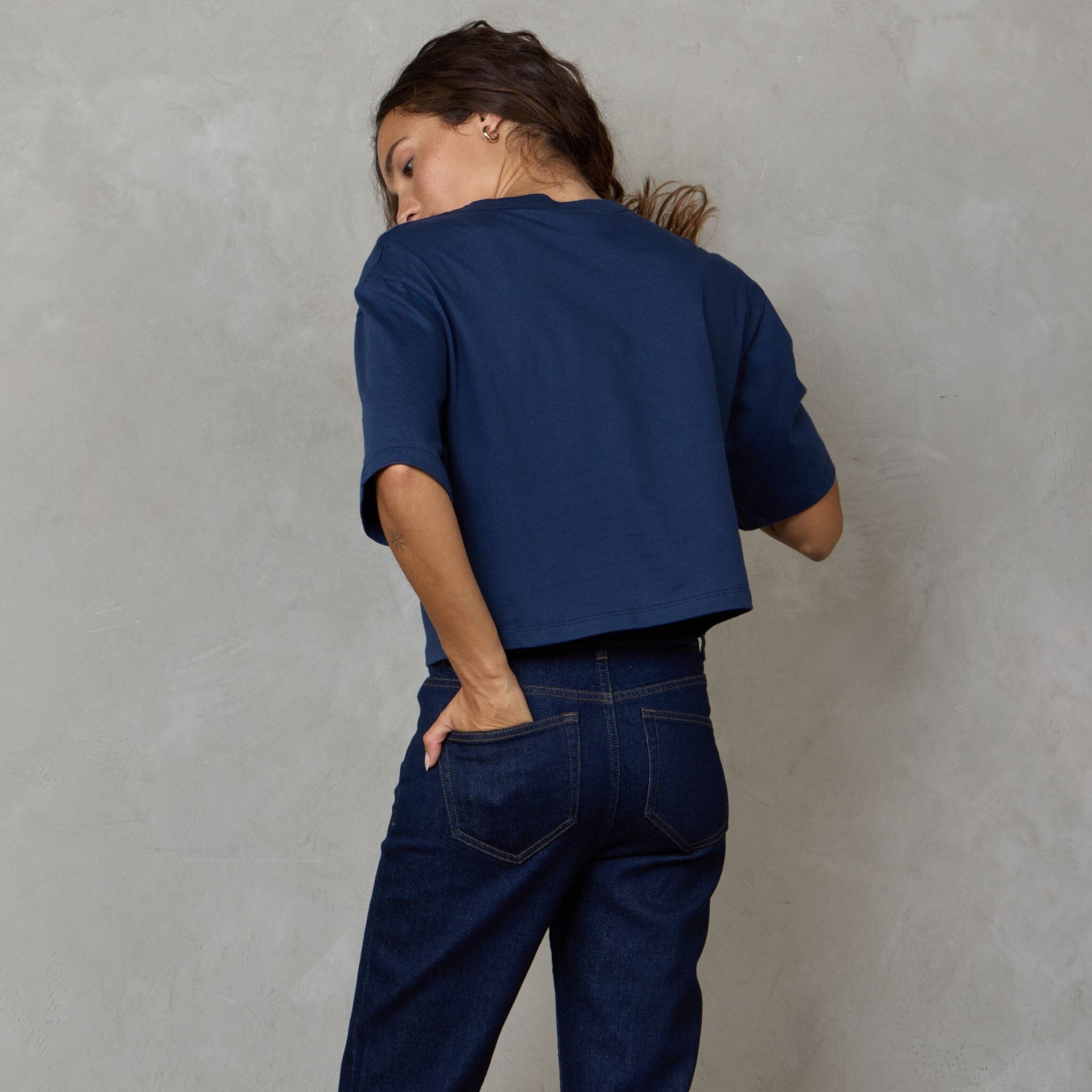 Luna Organic Cotton Cropped Tee Navy Tee Shirt Organic Crew 