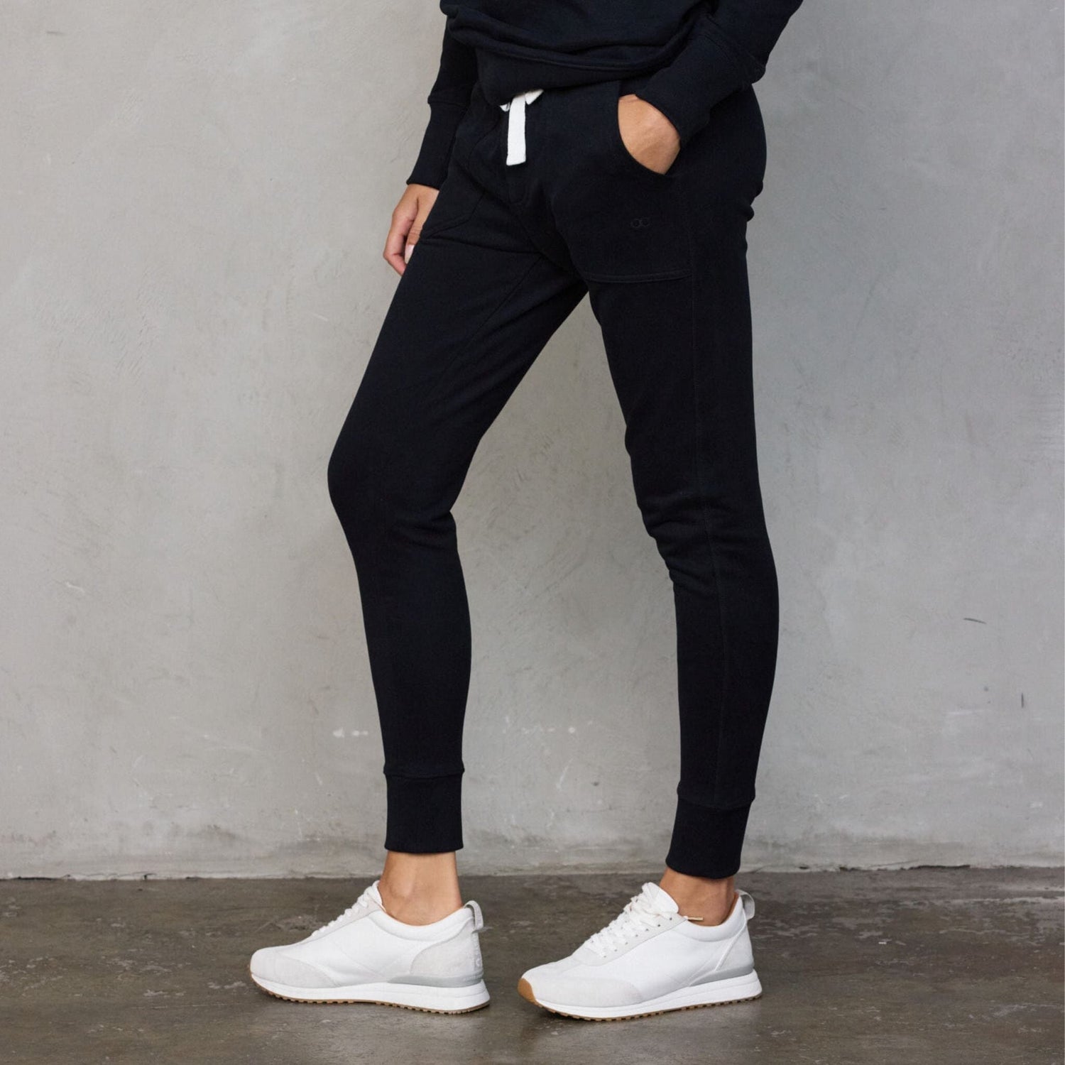 Chloe Organic Cotton Lux Touch Jogger Black with White Drawstring pants Organic Crew 