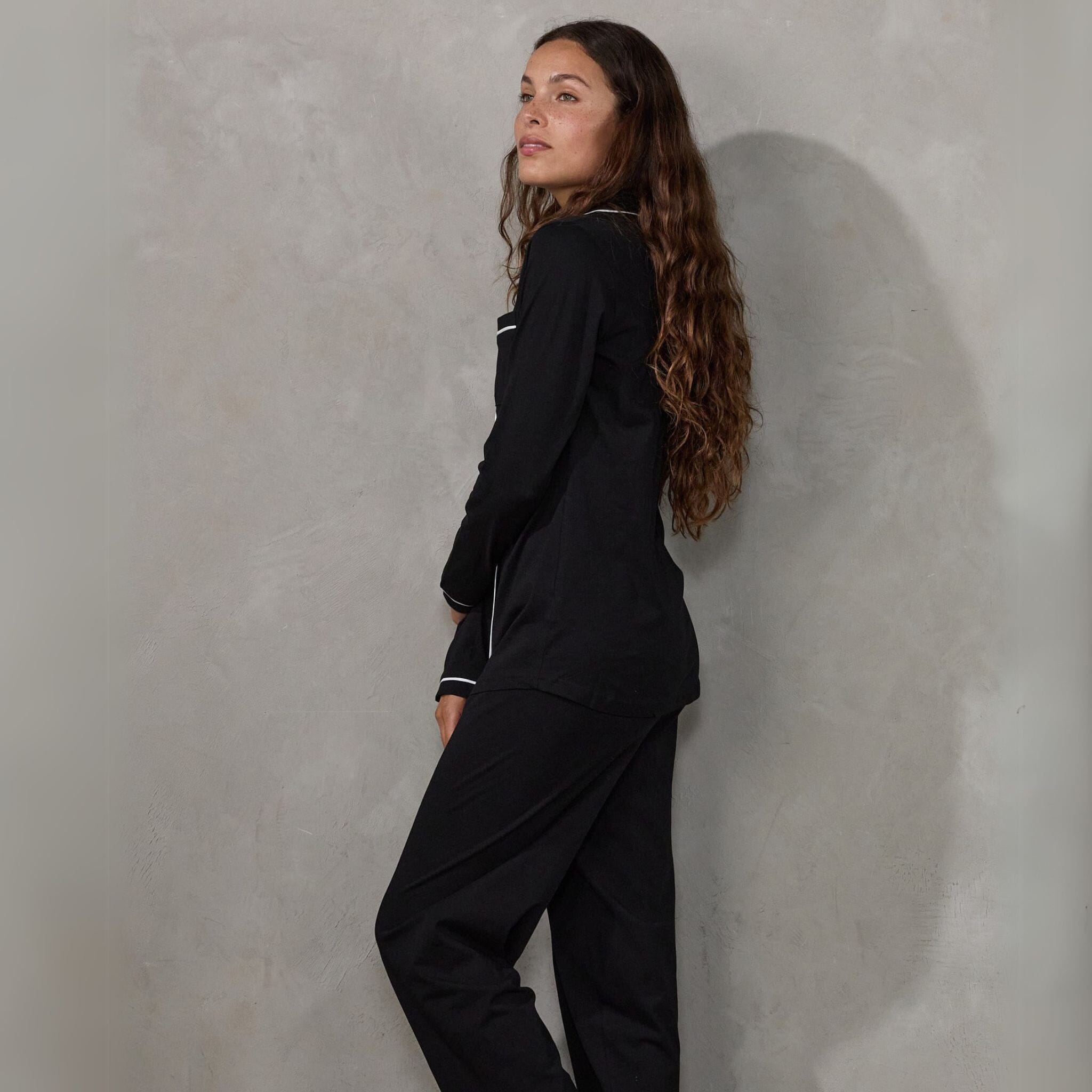 Portsea PJ Set Long Black PJs Organic Crew 