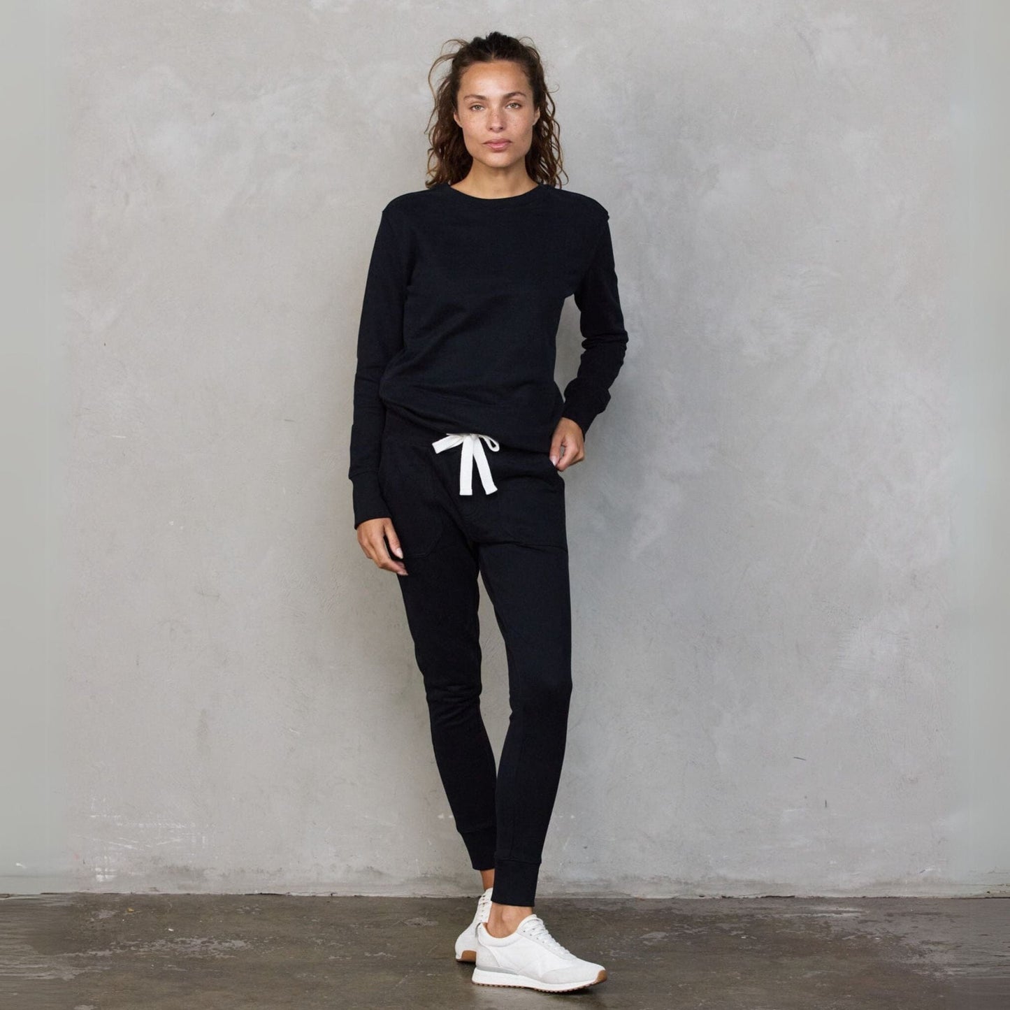 Chloe Organic Cotton Lux Touch Jogger Black with White Drawstring pants Organic Crew 