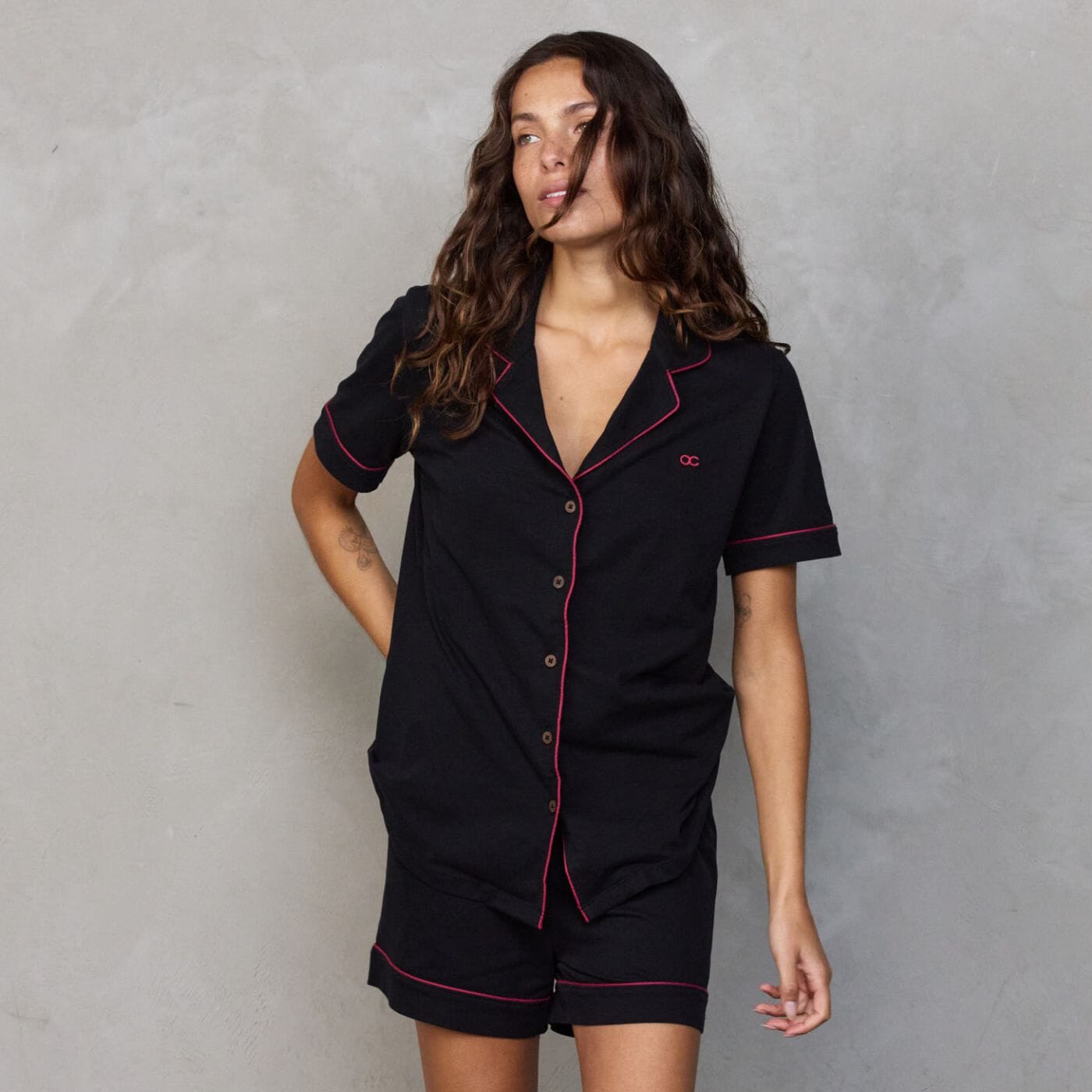 Portsea Short Sleeved PJ Set Black pj's Organic Crew 