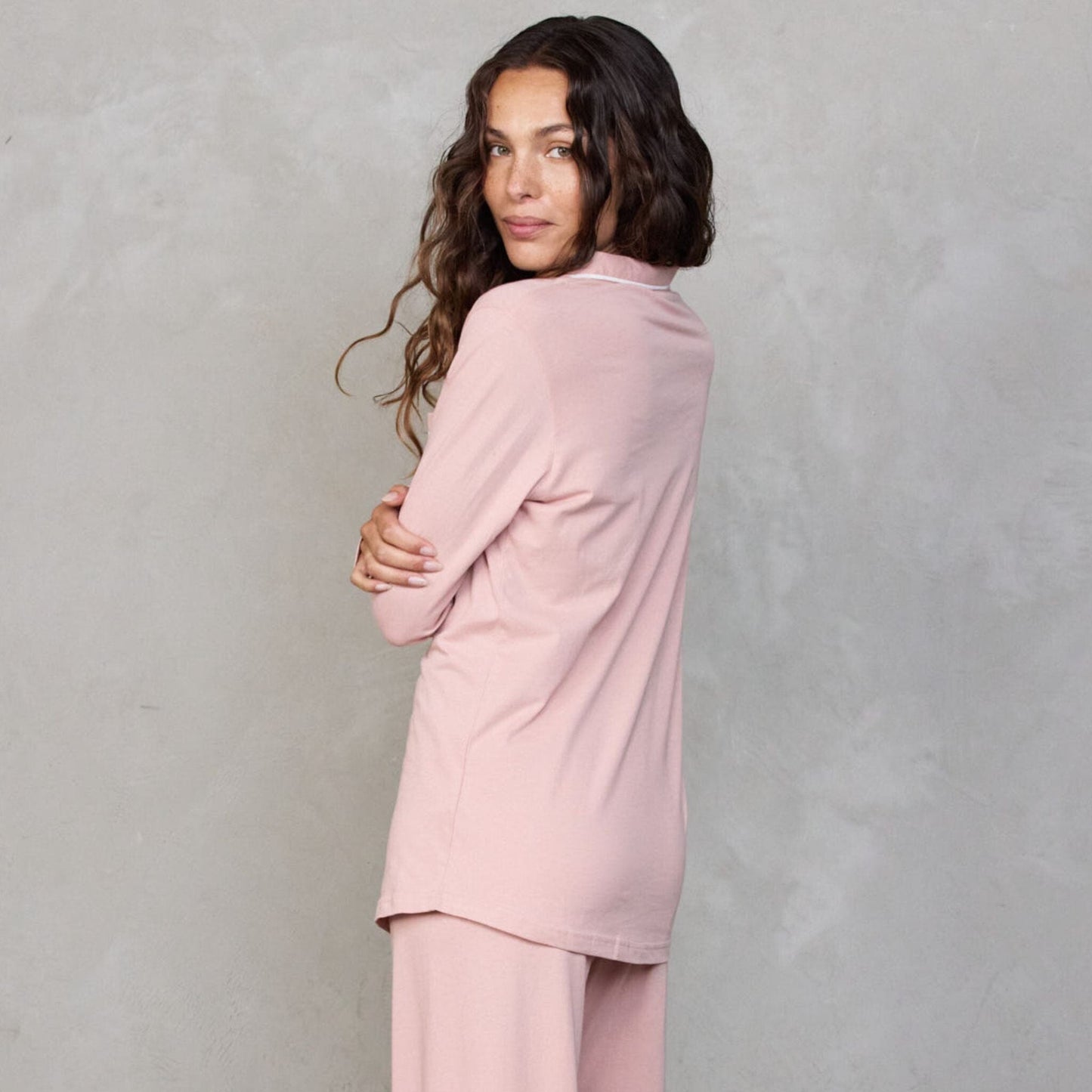 Portsea PJ Set Long Dusty Pink PJs Organic Crew 