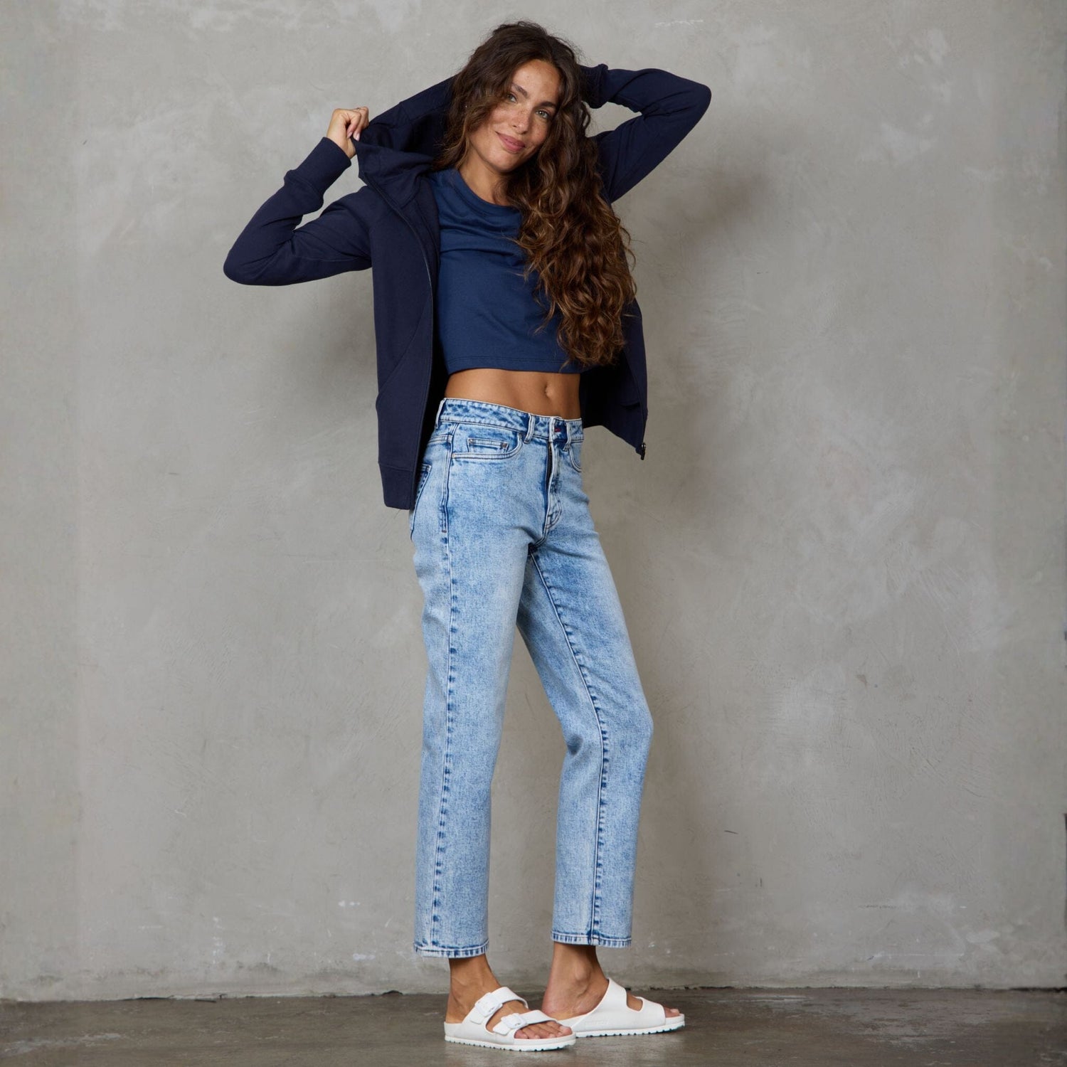 Chloe Zip Through Organic Cotton Lux Touch Hoodie Navy pants Organic Crew 