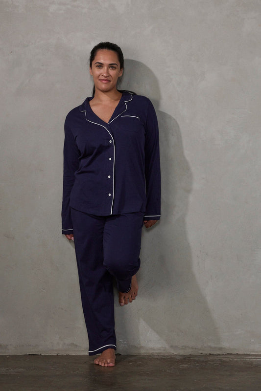 Portsea PJ Set Long Navy PJs Organic Crew 