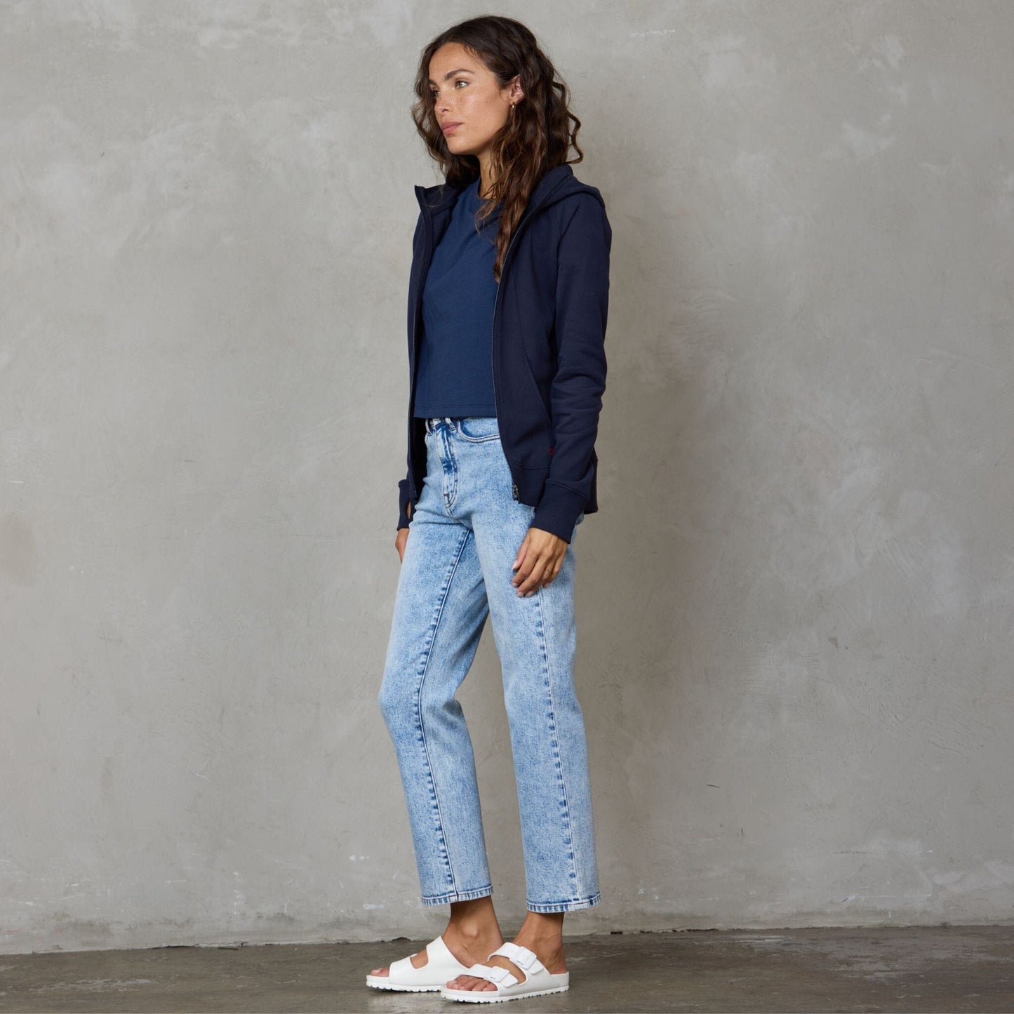 Chloe Zip Through Organic Cotton Lux Touch Hoodie Navy pants Organic Crew 