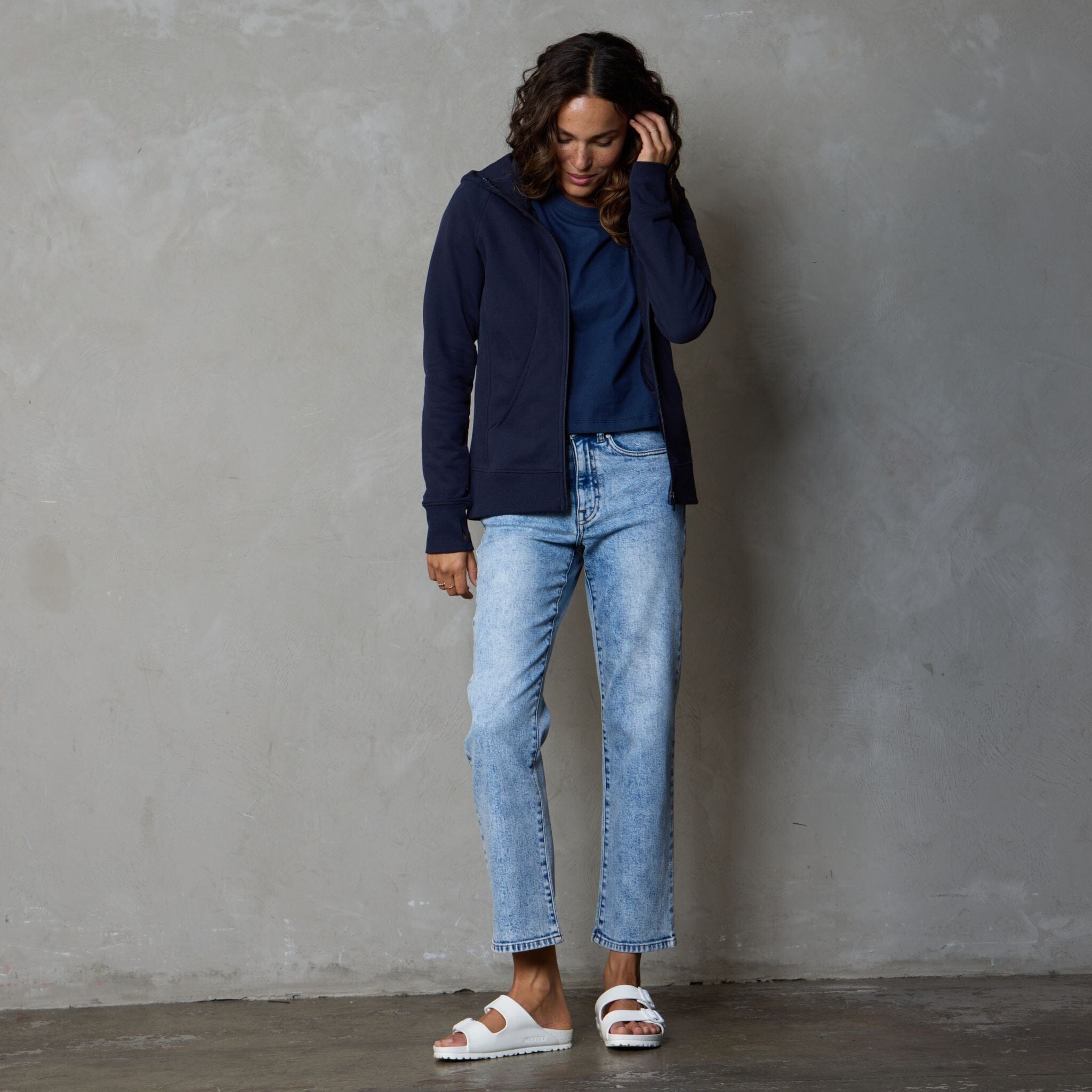 Chloe Zip Through Organic Cotton Lux Touch Hoodie Navy pants Organic Crew 