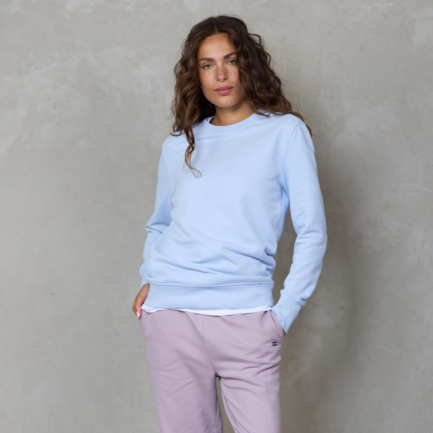 Chloe Organic Cotton Lux Touch Sweater Baby Blue pants Organic Crew 