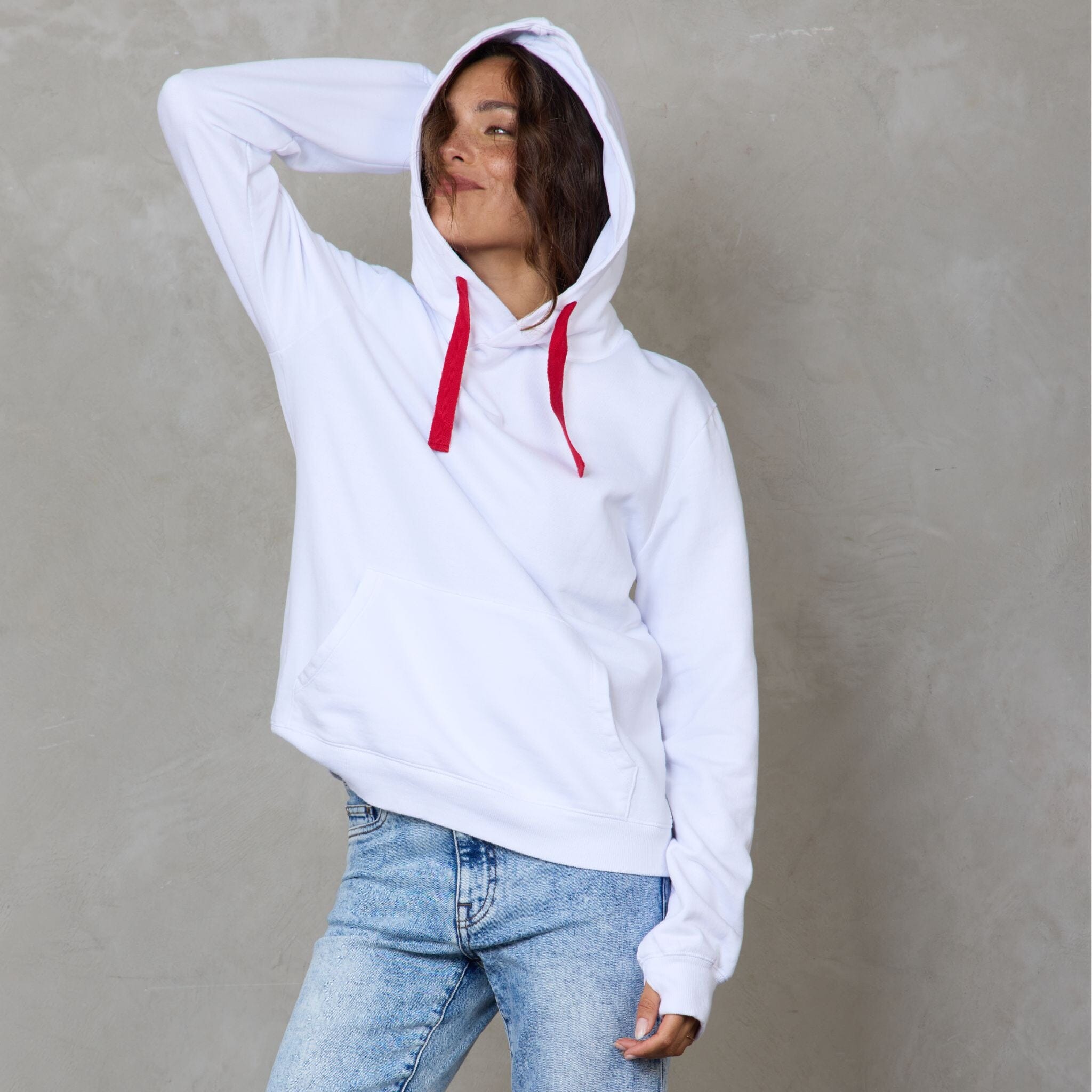 Slouchy Organic Cotton Hoodie White With Red Drawstring Sweater Organic Crew 