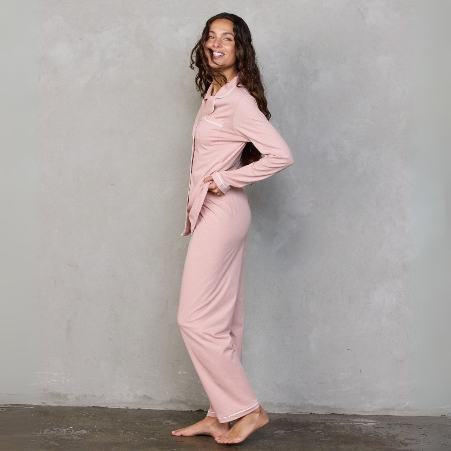 Portsea PJ Set Long Dusty Pink PJs Organic Crew 