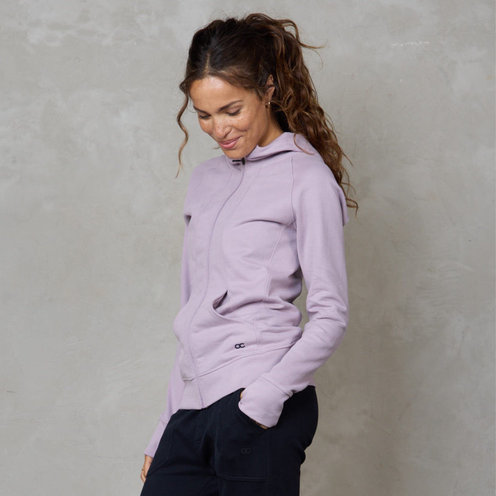Chloe Zip Up Organic Cotton Lux Touch Hoodie Dusty Rose pants Organic Crew 