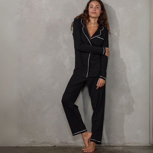 Portsea PJ Set Long Black PJs Organic Crew