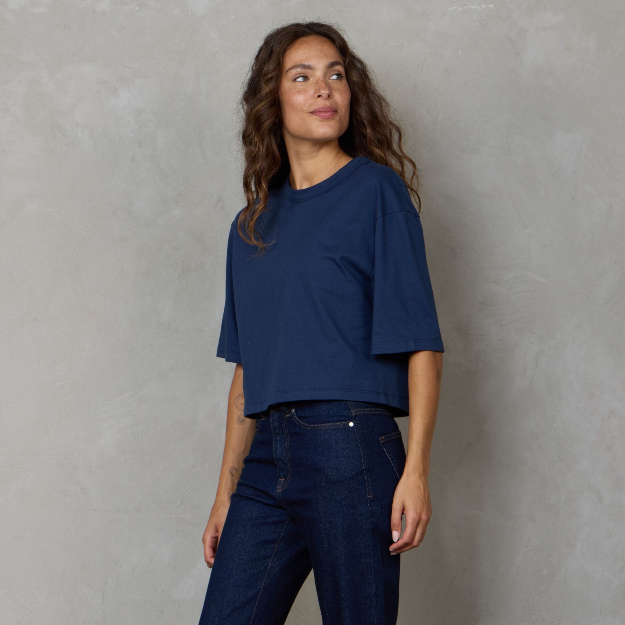 Luna Organic Cotton Cropped Tee Navy Tee Shirt Organic Crew 