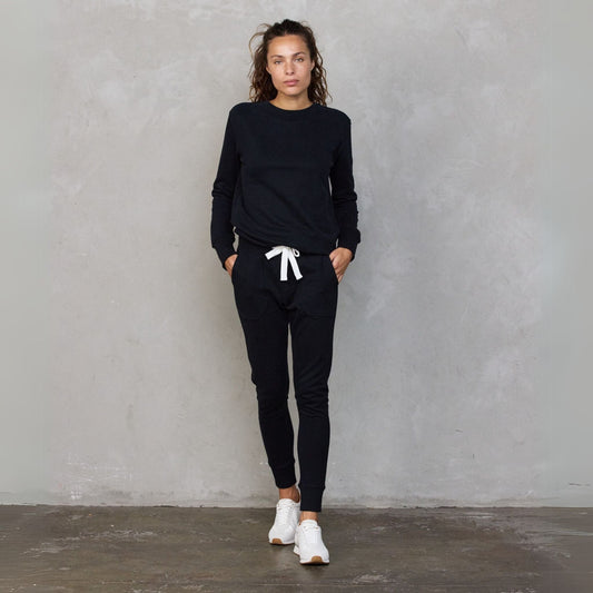 Chloe Organic Cotton Lux Touch Jogger Black with White Drawstring pants Organic Crew 