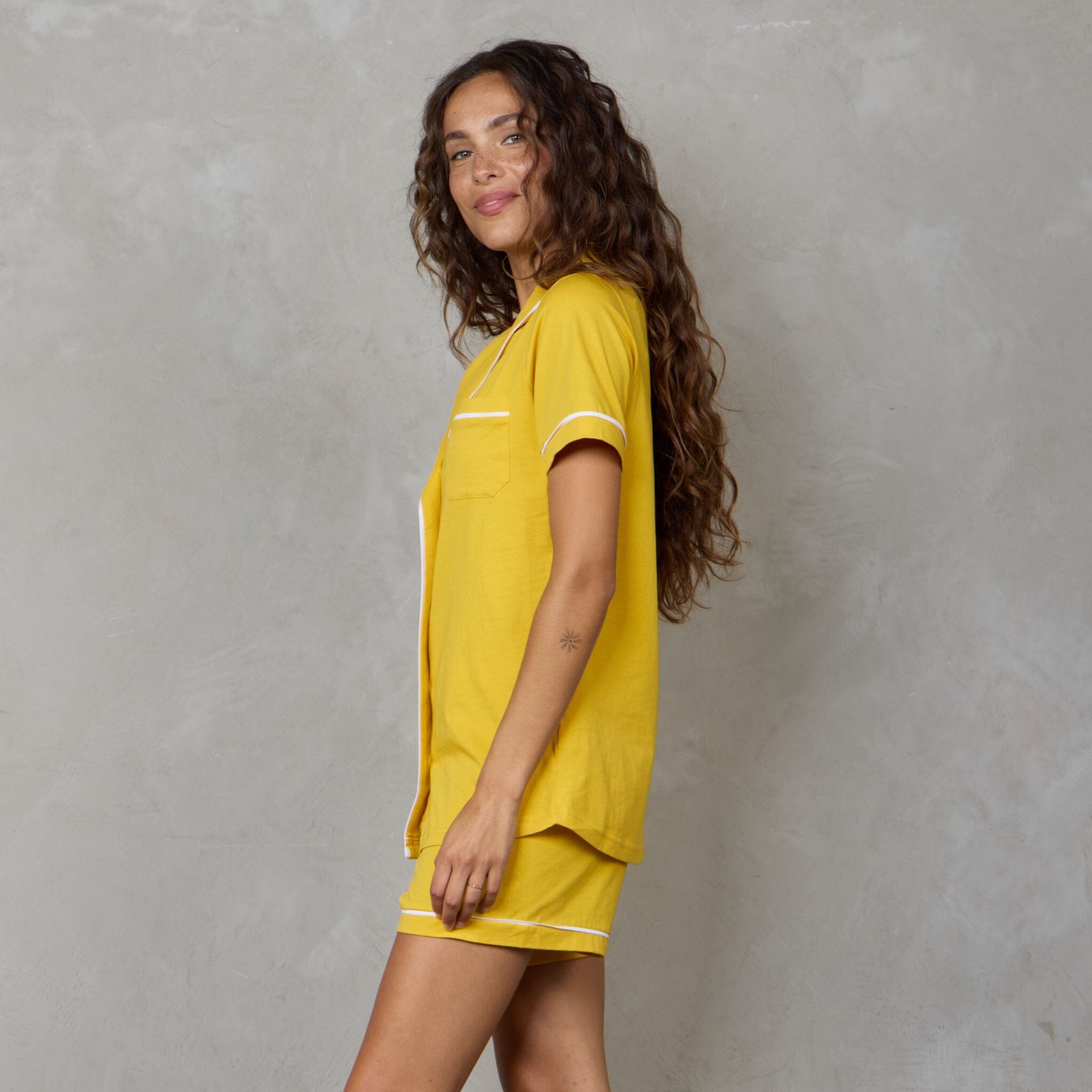 Portsea Short Sleeve Organic Cotton PJ Set Saffron pj's Organic Crew 