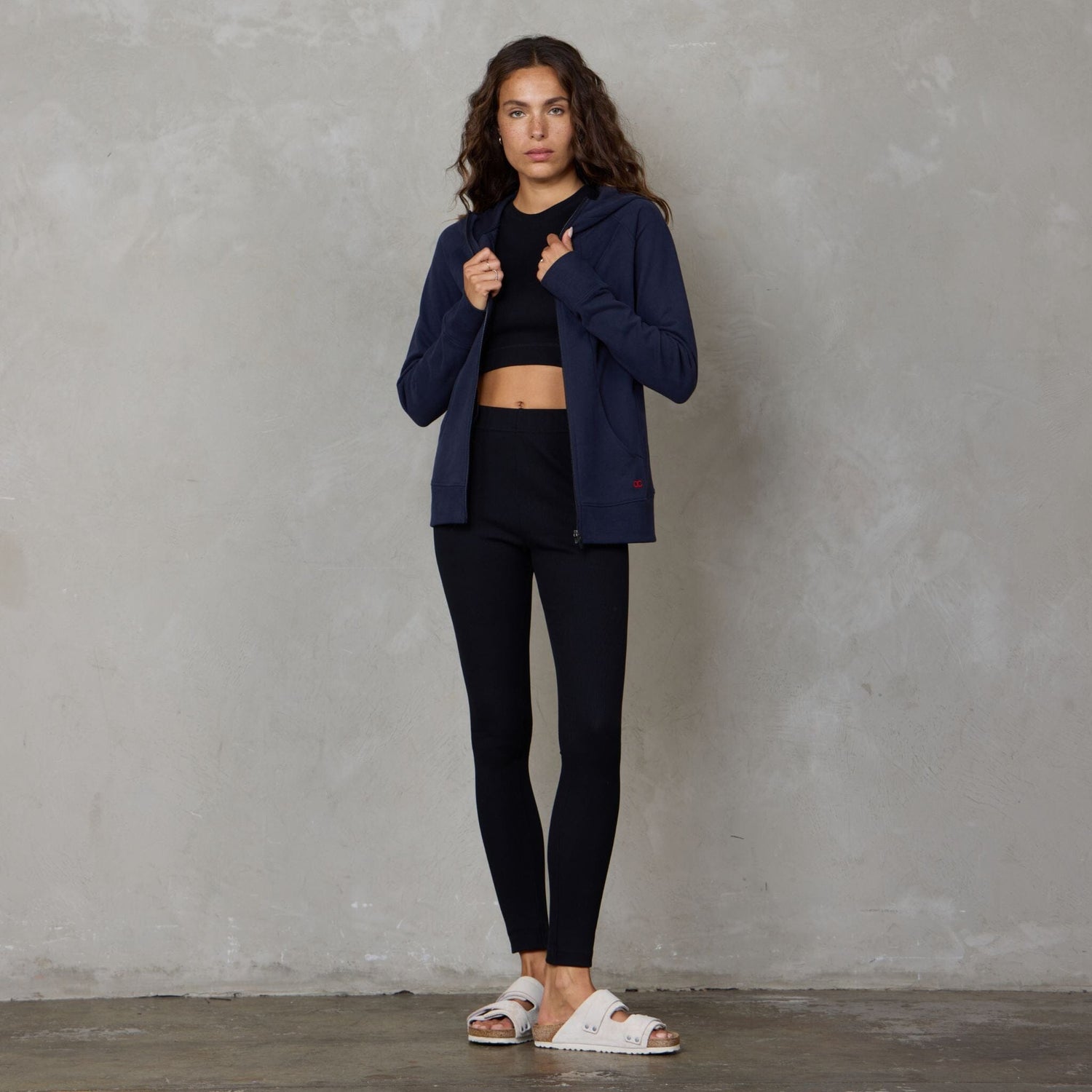 Chloe Zip Through Organic Cotton Lux Touch Hoodie Navy pants Organic Crew 