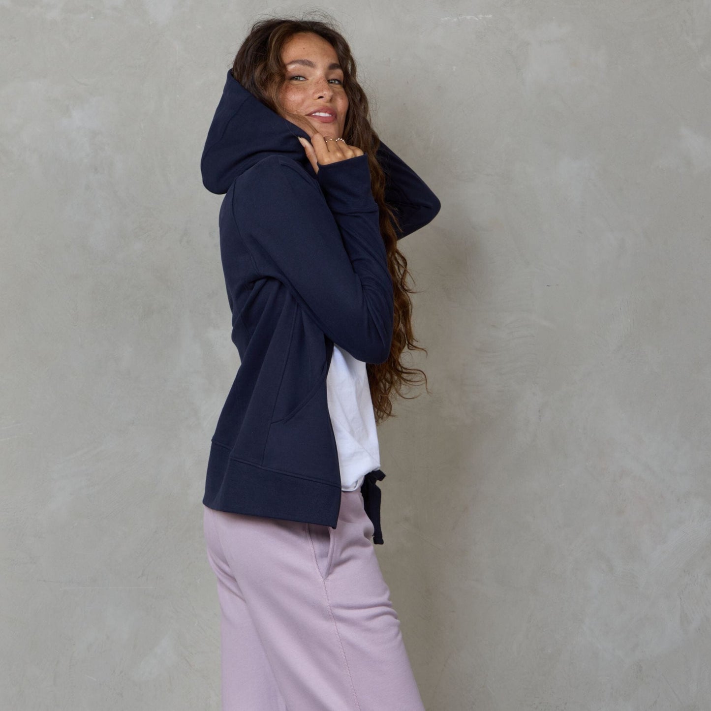 Chloe Zip Through Organic Cotton Lux Touch Hoodie Navy pants Organic Crew 