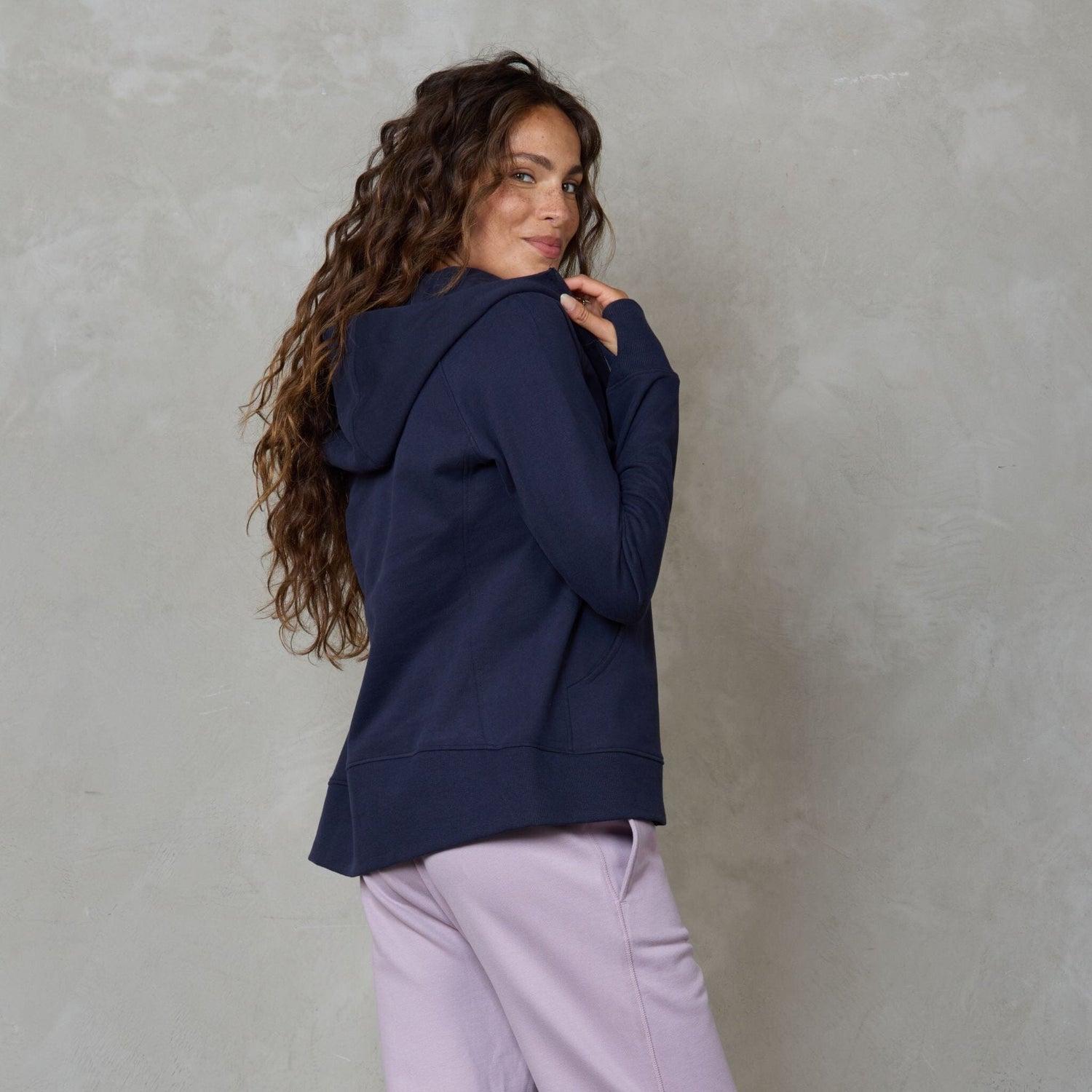 Chloe Zip Through Organic Cotton Lux Touch Hoodie Navy pants Organic Crew 