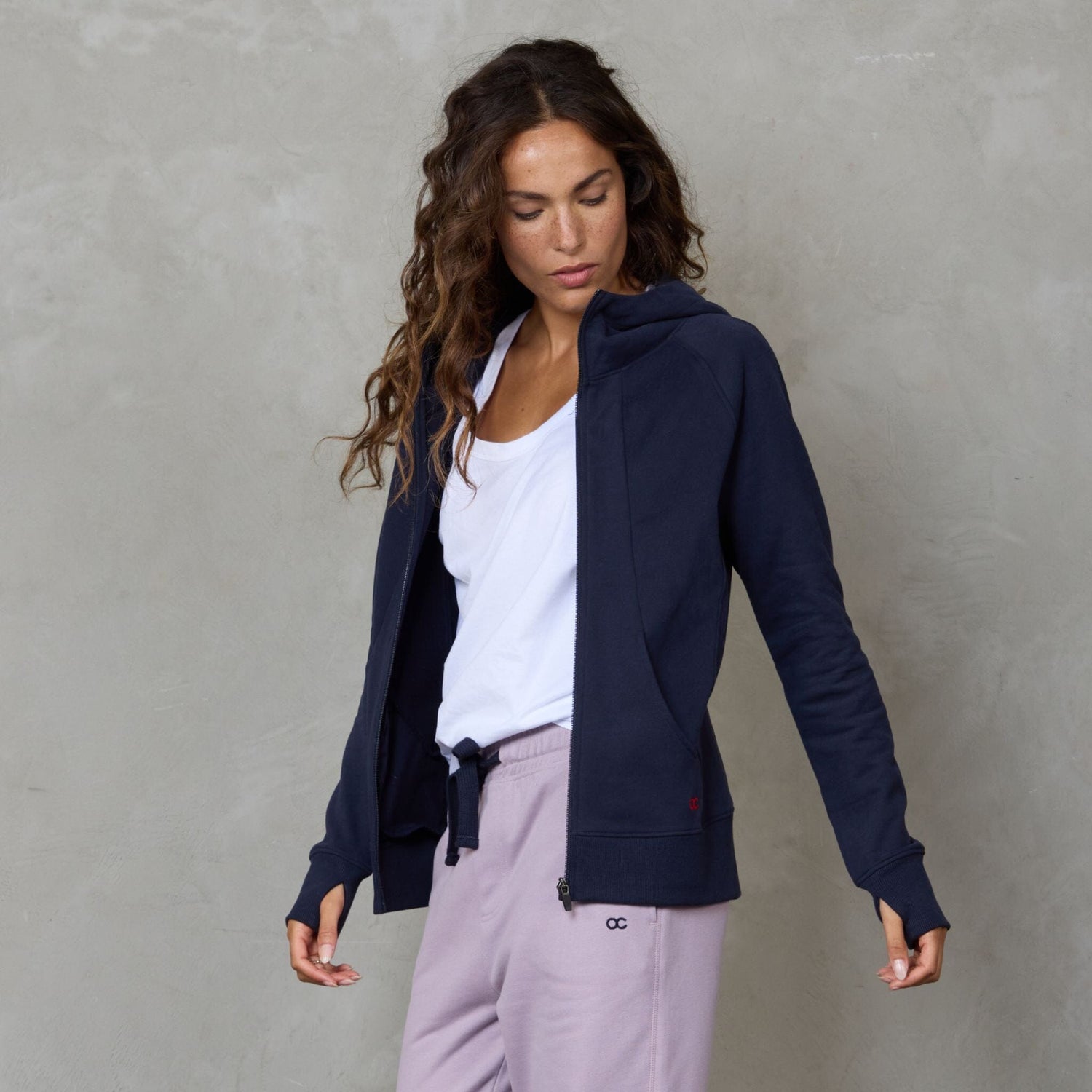 Chloe Zip Through Organic Cotton Lux Touch Hoodie Navy pants Organic Crew 