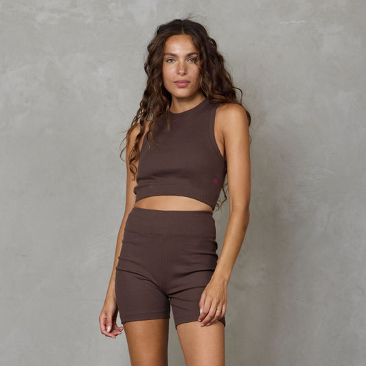 Gaia Organic Cotton Ribbed High Rise Yoga Bike Short Chocolate shorts Organic Crew