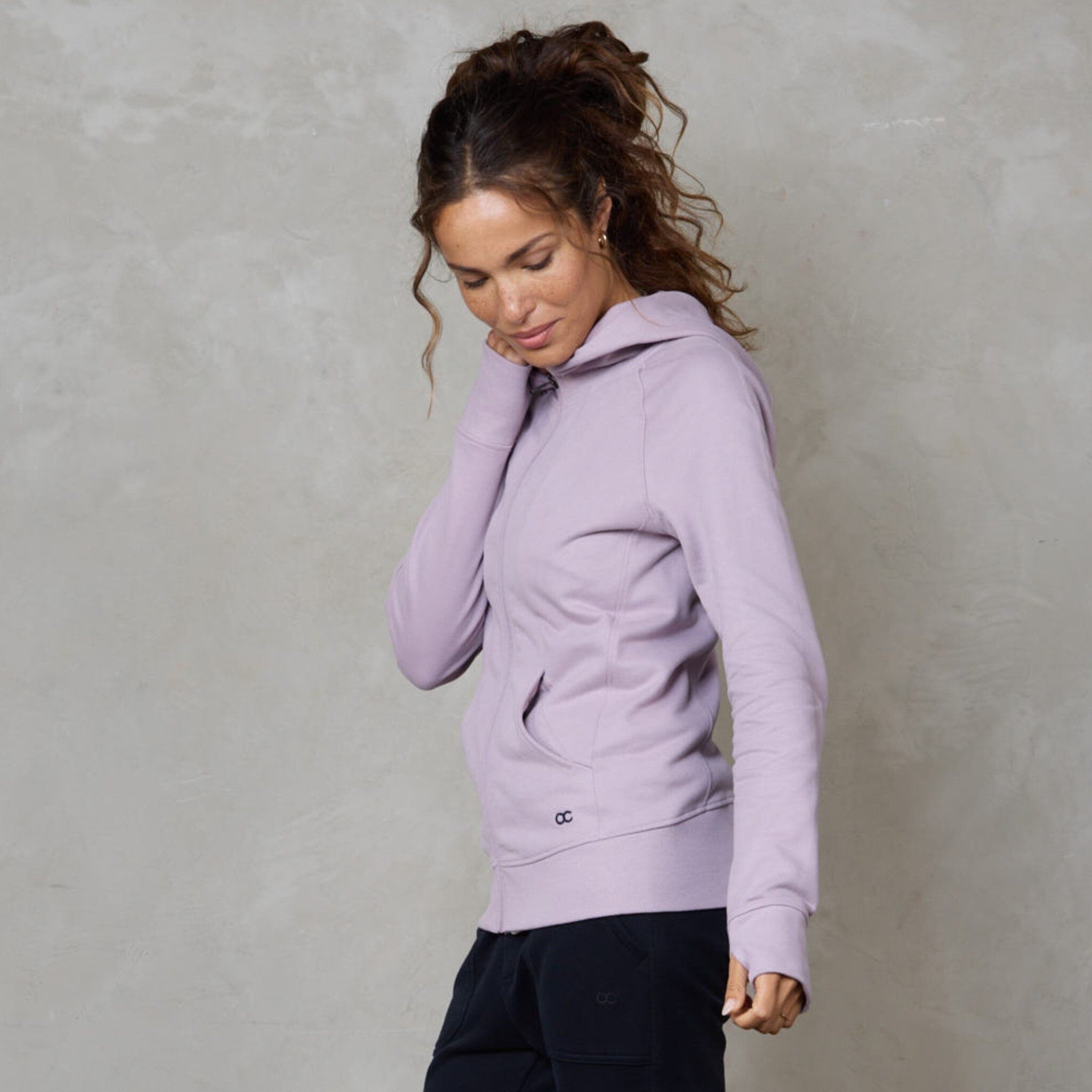 Chloe Zip Up Organic Cotton Lux Touch Hoodie Dusty Rose pants Organic Crew 