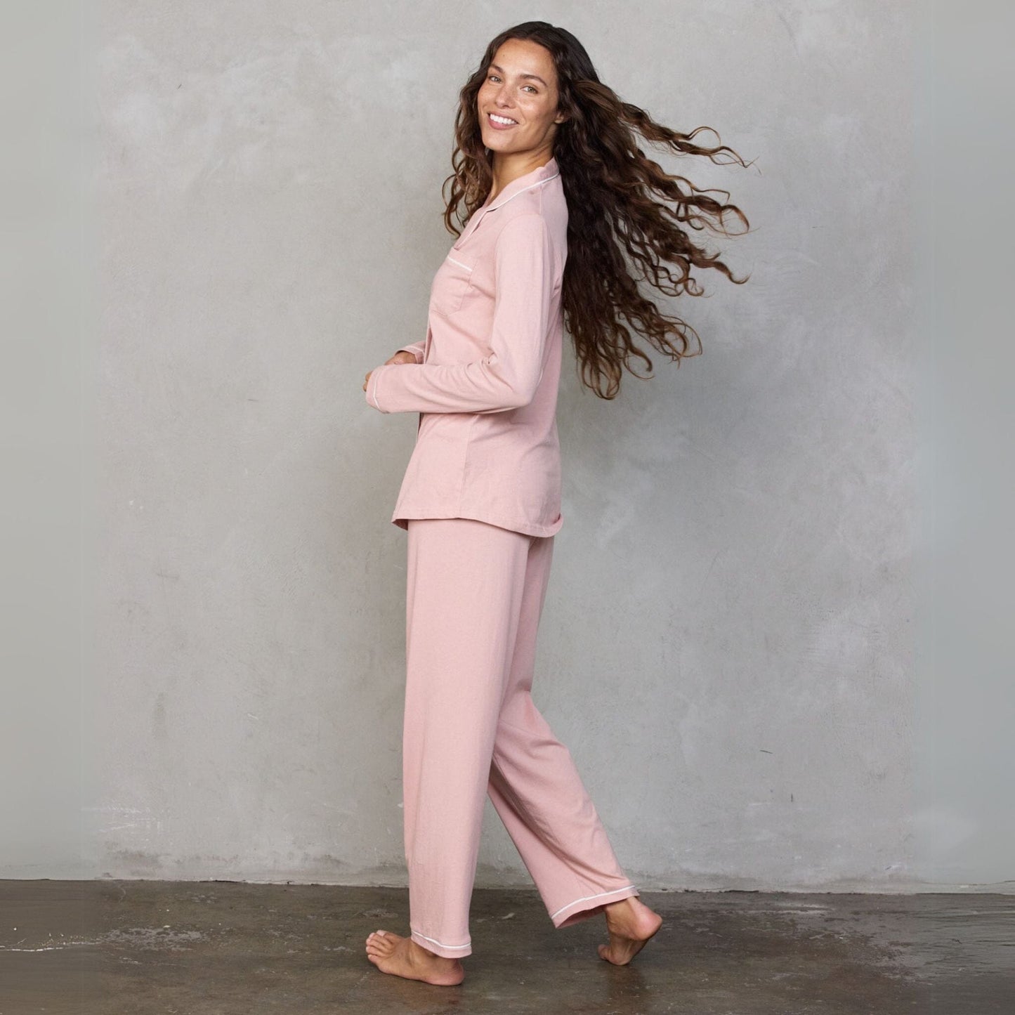 Portsea PJ Set Long Dusty Pink PJs Organic Crew 