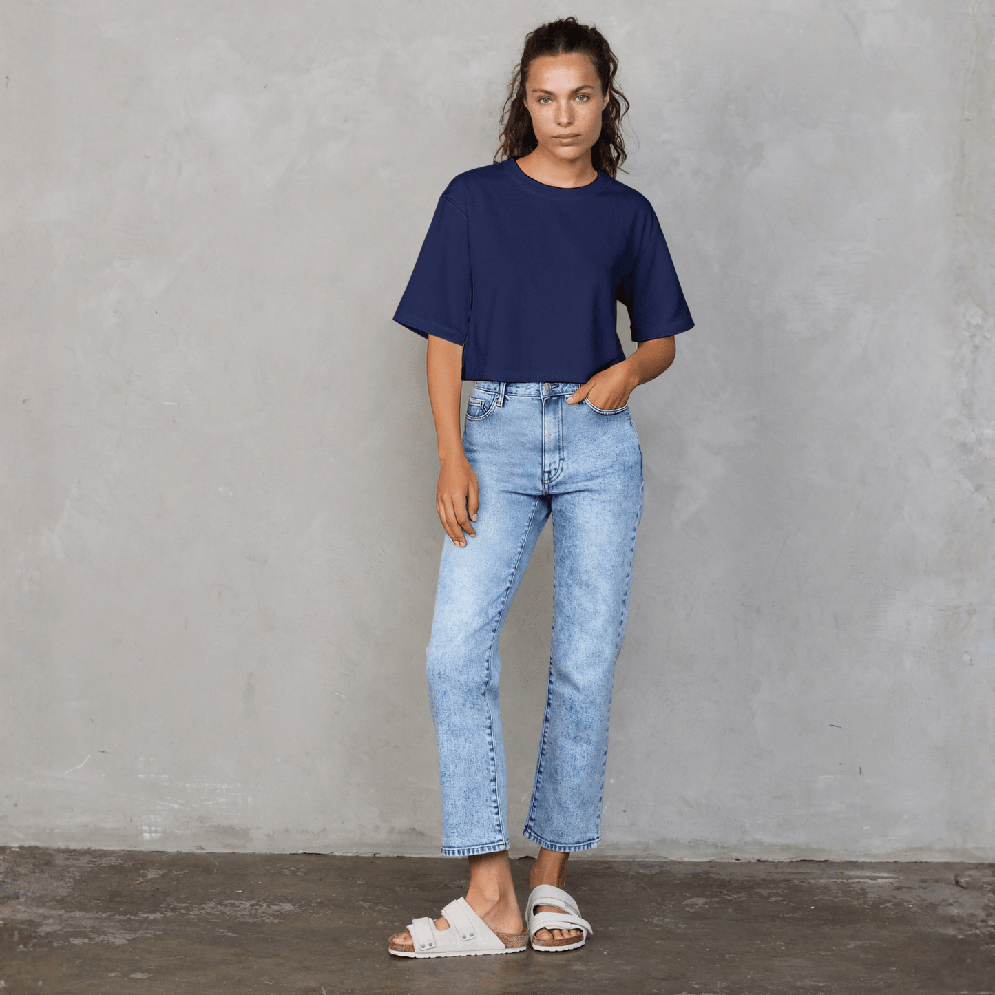 Luna Cropped Tee Navy Tee Shirt Organic Crew 